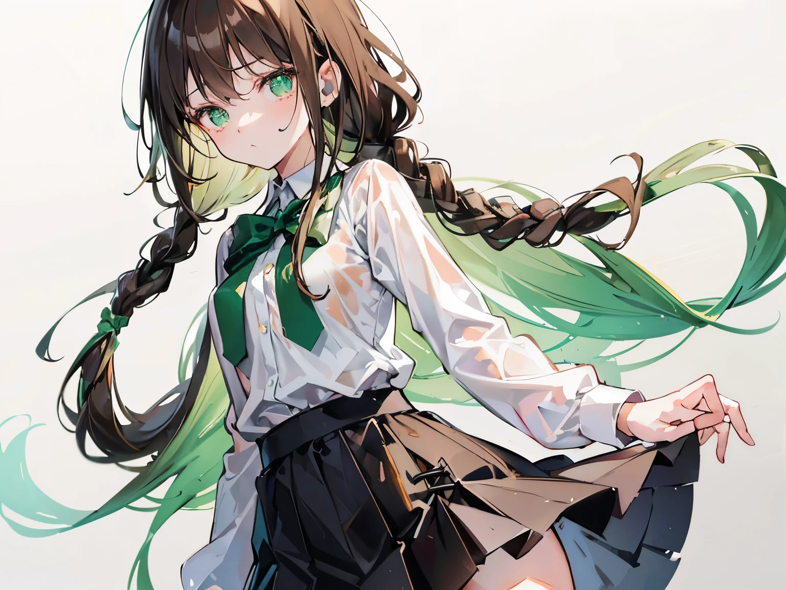 brown hair girl, shyุ 25 ปี, fit, light green eyes, long hair,Green braid tied in bows left and right........small breasts, Wear a white shirt.....wet, Wear a black miniskirt..... From America...,(shy).....The background is a sandy beach... Picture R18