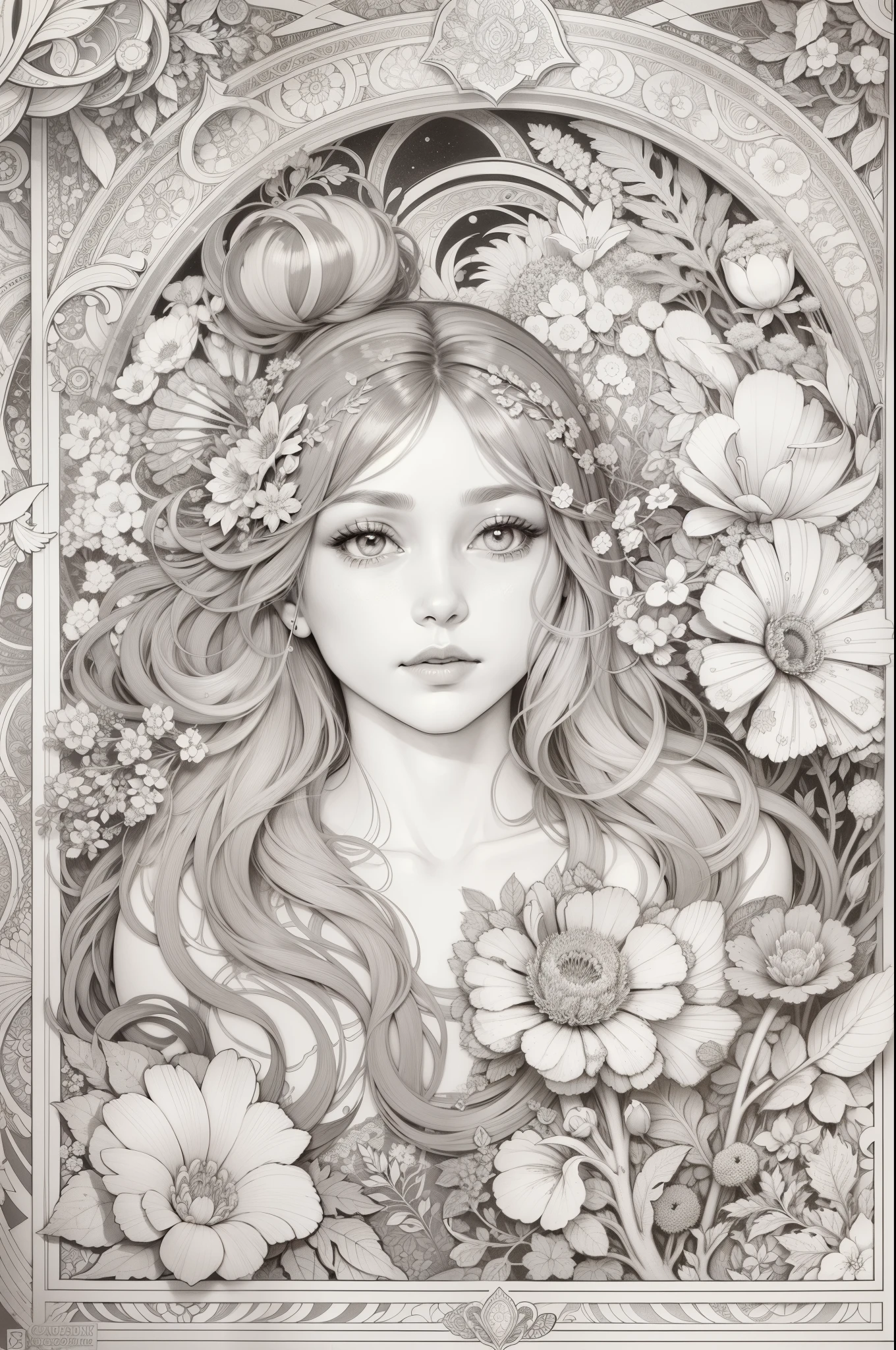 garden, art for coloring book page, full white background, only use outline, line art, coloring book, clean line art, mandala for coloring with nature ornaments, simple and clean line art, coloring book page, adorned in Art Nouveau style, with a stroke of Alfons Mucha's brush, perfect details, real.