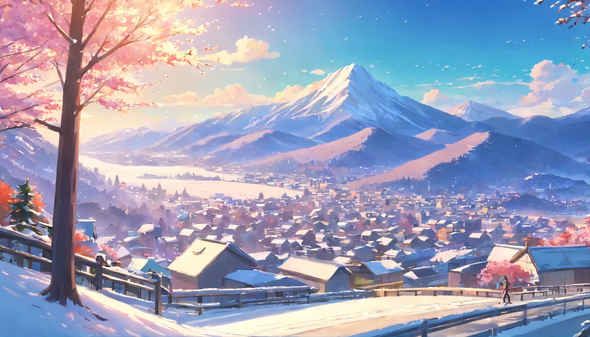 The mountains are covered with snow., tree, the town below, venue, There is something playing in the distance., my stomach is cloudy., Japanese cartoons, HD