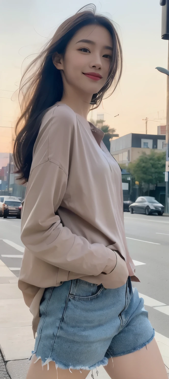 18 year old girl, beautiful cute girl,whole body照片,extremely beautiful and exquisite,black hair,sweet smile,Beautifully, beautiful fair skin,Realistic and trueistic,Exquisite and complete facial features,Detailed depiction of face,high nose bridge,light up your face,high and high,running,true,whole body,highest precision,Precise and perfect human anatomy,street,highlight portrait