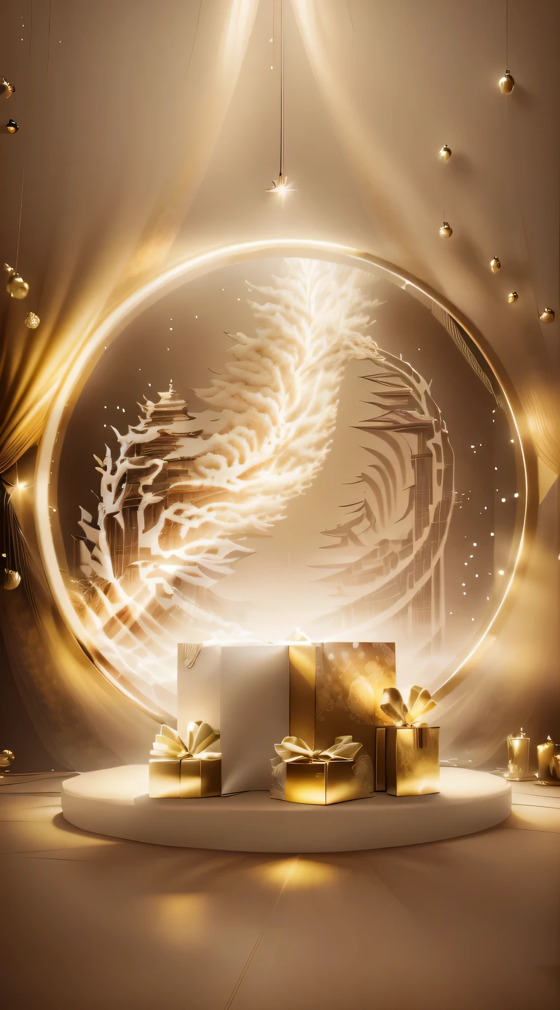 There is a white casino base，It has landscape reliefs and casino elements, The silk curtain opens in the middle to form a background, Gifts, Festive atmosphere, festivity, Gifts, Holiday, gift festive decorations, gold, Relaxed. Europe style background, Golden silk, cream - colored room, in style of 3d render, National style background,Europe round pattern background，Ray traching，Cinematic lighting effects，Shining Effect