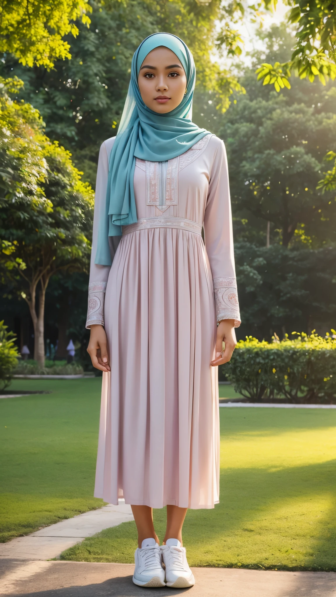 (best quality,highres),full body portrait,tall background,Indonesian boy,beautiful,detailed face features,perfect hijab,modern muslim women dress,pastel colored clothes,stylish sneakers,standing in a park,feminine pose,graceful expression,facing to viewer,body facing to viewer,green surroundings,soft sunlight,peaceful atmosphere.