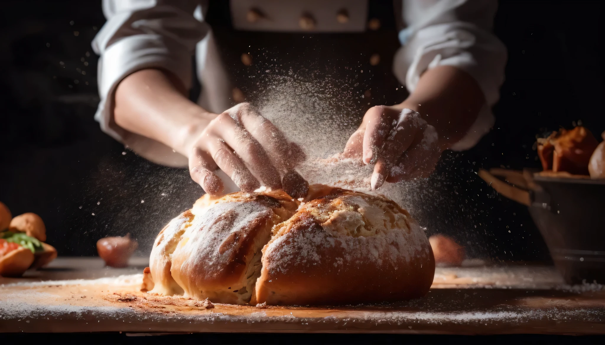 someone sprinkles flour on a loaf of bread on a wooden table, culinary art photography, baking artwork, food photography 4 k, 4 k food photography, 4k food photography, award winning food photography, professional food photography, food photography, close up food photography, food commercial 4 k, high quality food photography, by Franz Hegi, artistic interpretation