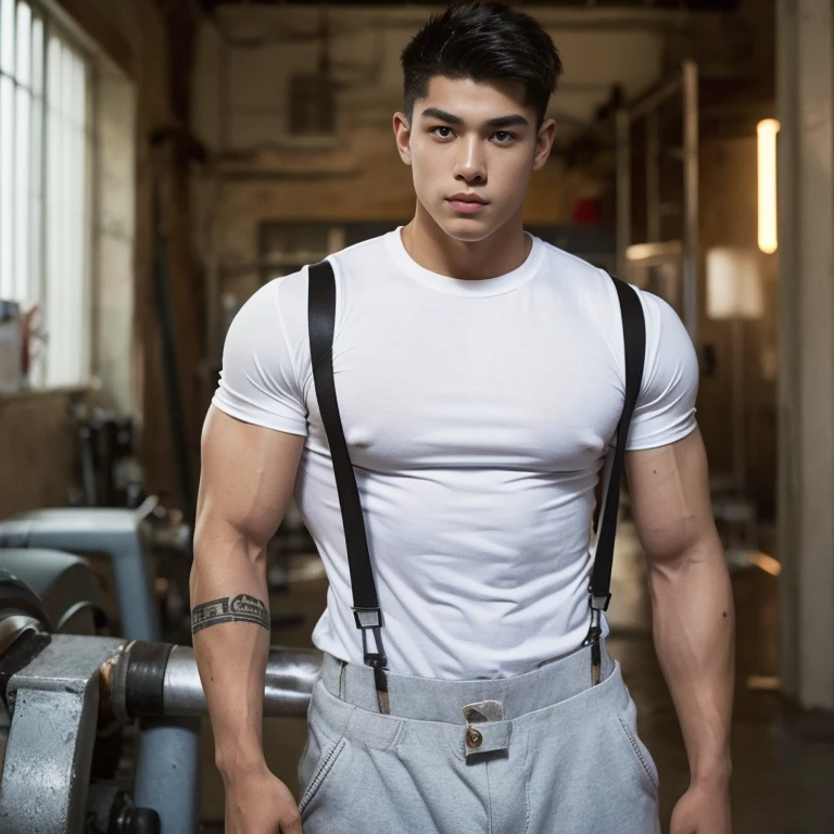 (masterpiece), best quality, expressive eyes, perfect face, 1 boy, , maxican Muscular guy, bodybuilder,with tattoo, white tshirt, pants, suspenders, helmet, firemenoutfit, <lora:Clothing_-_Sexy_Firemen_Outfit:0.7, bare chest  , puffy nipples , fat butt