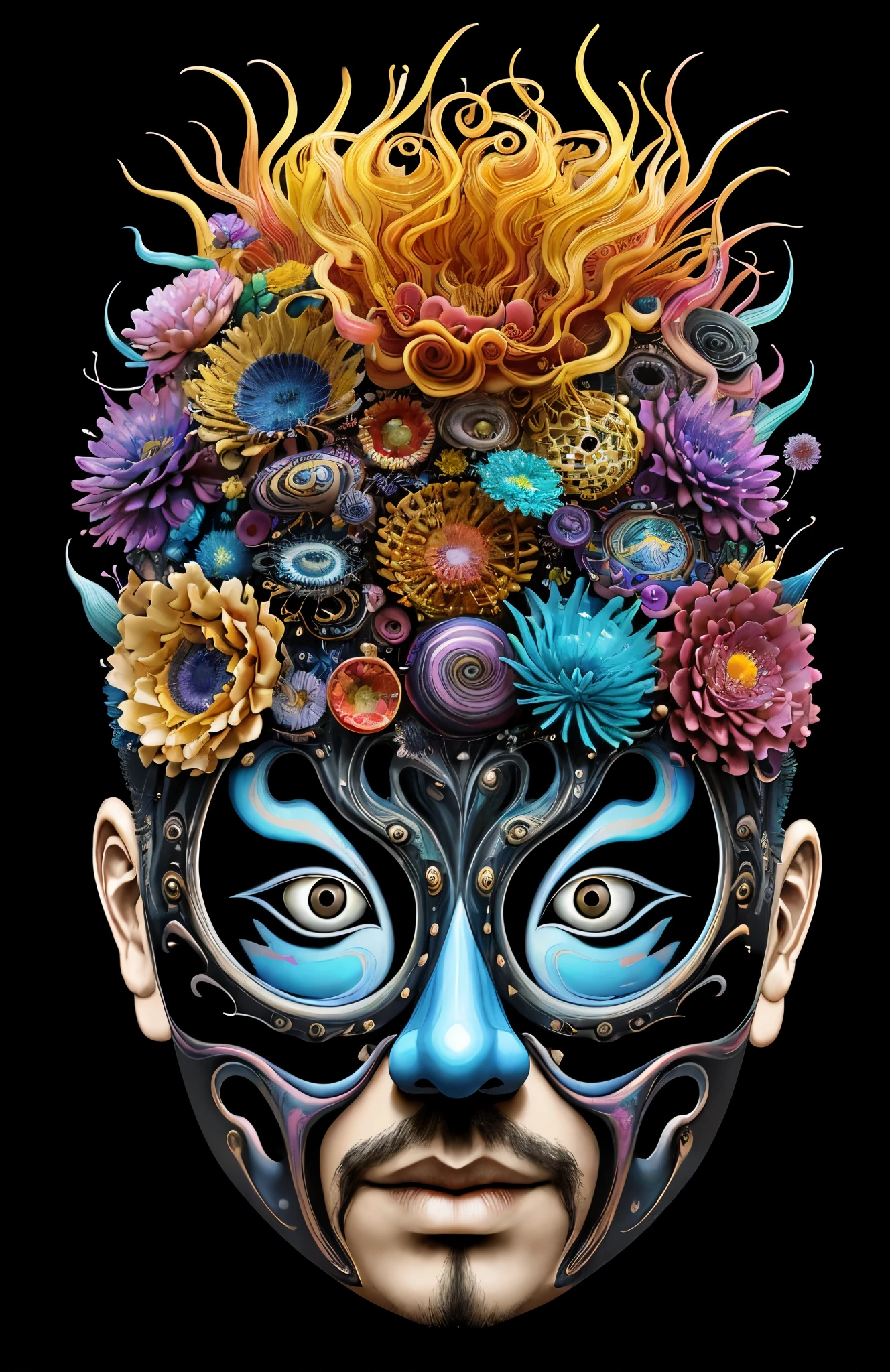 3D mask with various ordinary objects on it,blonde hair with pointed ends,texture, intricate, ornate, shadow, soft colors, 3D, mask, very detailed, decorative style, Tim Burton, Salvador Dali, Xiaolong Cheng, Cyril Rolando, inspired by J. D. Lariat, 3D stereoscopic，pop color style, Photo photo portrait surrounded by orbiting planetary satellites, blonde spiky hair, make me jealous, Mark Leyden, Alberto Seveso, brook shade, Anna Dietman, Flora Borcy, 8k resolution, perfect composition, Milky Way, rainbow colors, flying insects, scales, wing, blue, texture, complicated, Gorgeous, shadow, pastel colors,mask， 3d, Very detailed, Deco, tim burton, Dale Chihuly, Xiaolongcheng, Cyril Rolando, by J. Jitter，flowers，My head is empty，artwork