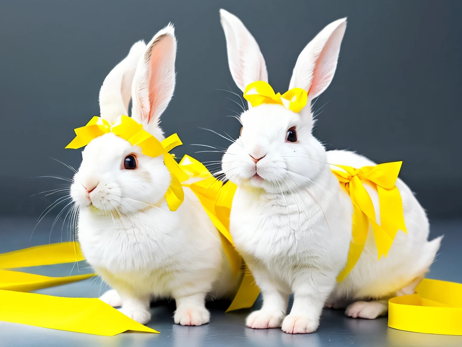 Cute rabbits with yellow ribbons in their ears, animated,