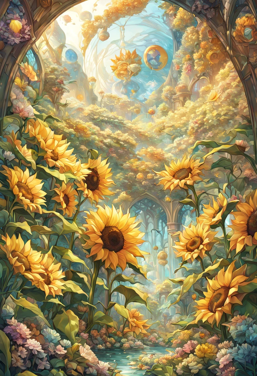 sea of flowers, aesthetic, Stained glass sunflowers, Dan Mumford, Cyril Rolando, MW Kaluta, Louis Comfort Tiffany, Dale Chihuly, hyper-detailed, hyperrealistic, digital landscape art, 8k resolution, beautiful colors, tarot card, awe, sunflowers made of stained glass, detailed, Hyperdetailed storybook illustration, concept art
