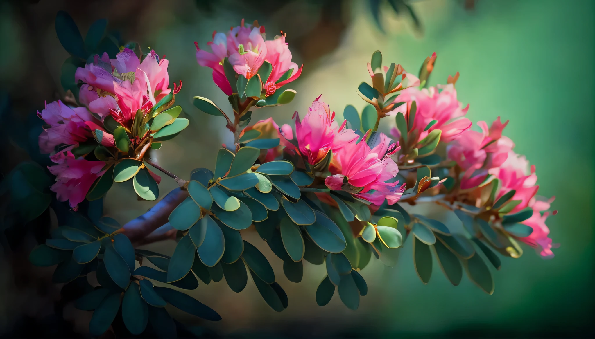 there is a pink flower on a green branch with leaves, pink flowers, beautiful nature, flowers blooming, blooming flowers, blooming tropical flowers, beautiful flowers, flowers and blossoms, pink and green, flower blossoms, beautiful image, beautiful flowers growing, plant photography, beautiful flower, flowering buds, flowers and foliage, paul barson, flowers and trees, really beautiful nature