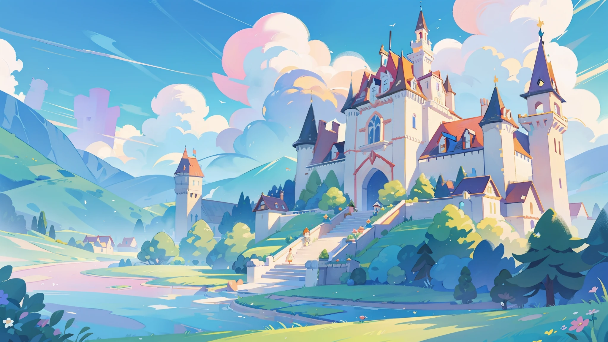 picture book illustration, Watercolor storybook illustration, Princess Castle, Fairytale castle, Fairy tale tower, cloud, Vibrant pastel colors, Dream, rich and colorful, whimsical, magic, masterpiece, best quality, sharp focus, Intricately detailed environments, Fine details, 8k resolution