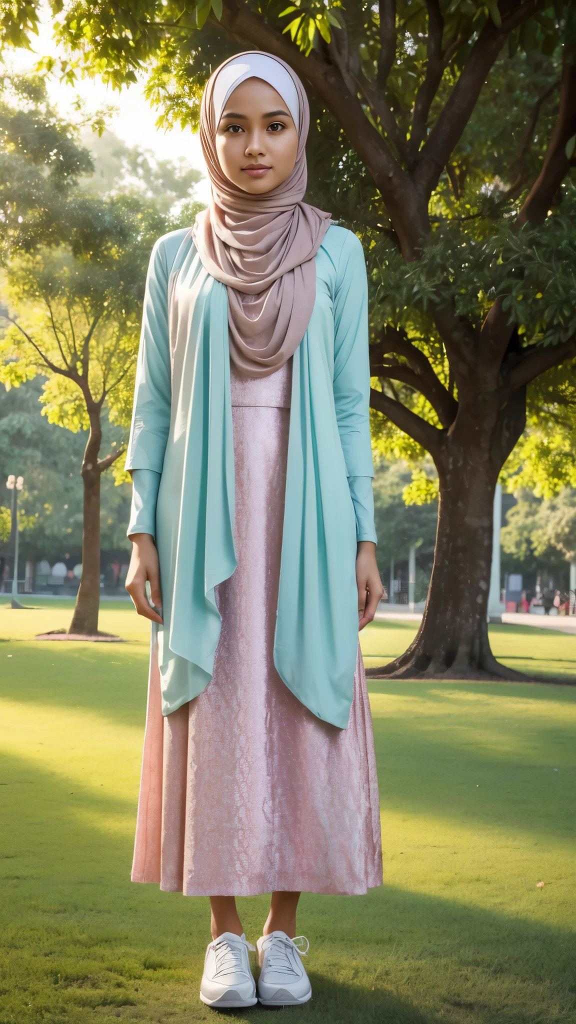 (best quality,highres),full body portrait,tall background,Indonesian boy,beautiful,detailed face features,perfect hijab,modern muslim women dress,pastel colored clothes,stylish sneakers,standing in a park,feminine pose,graceful expression,facing to viewer,body facing to viewer,green surroundings,soft sunlight,peaceful atmosphere.