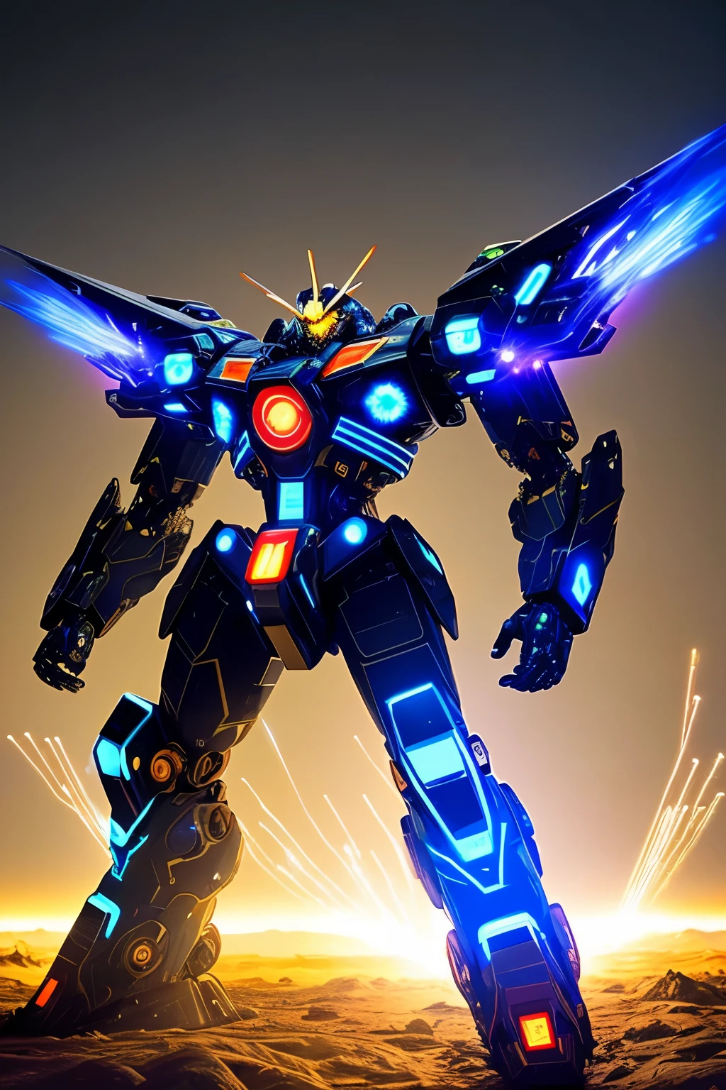In this stunning, visually engaging image, a mecha war god emerges from the depths of a holographic projection, its machine patterns of sci-fi lines glistening in the pixels of 8k HD. This 3D rendering stands out as a masterpiece of precision painting, a testament to the artist's skill and creativity. Surrounding the god, a punk-style array of colorful particles illuminates the scene, casting an otherworldly glow upon the futuristic technology interspersed throughout the interstellar landscape. The god's full body can be seen, sharp focus revealing every detail, from the intricate gears to the glowing eyes. The pan
