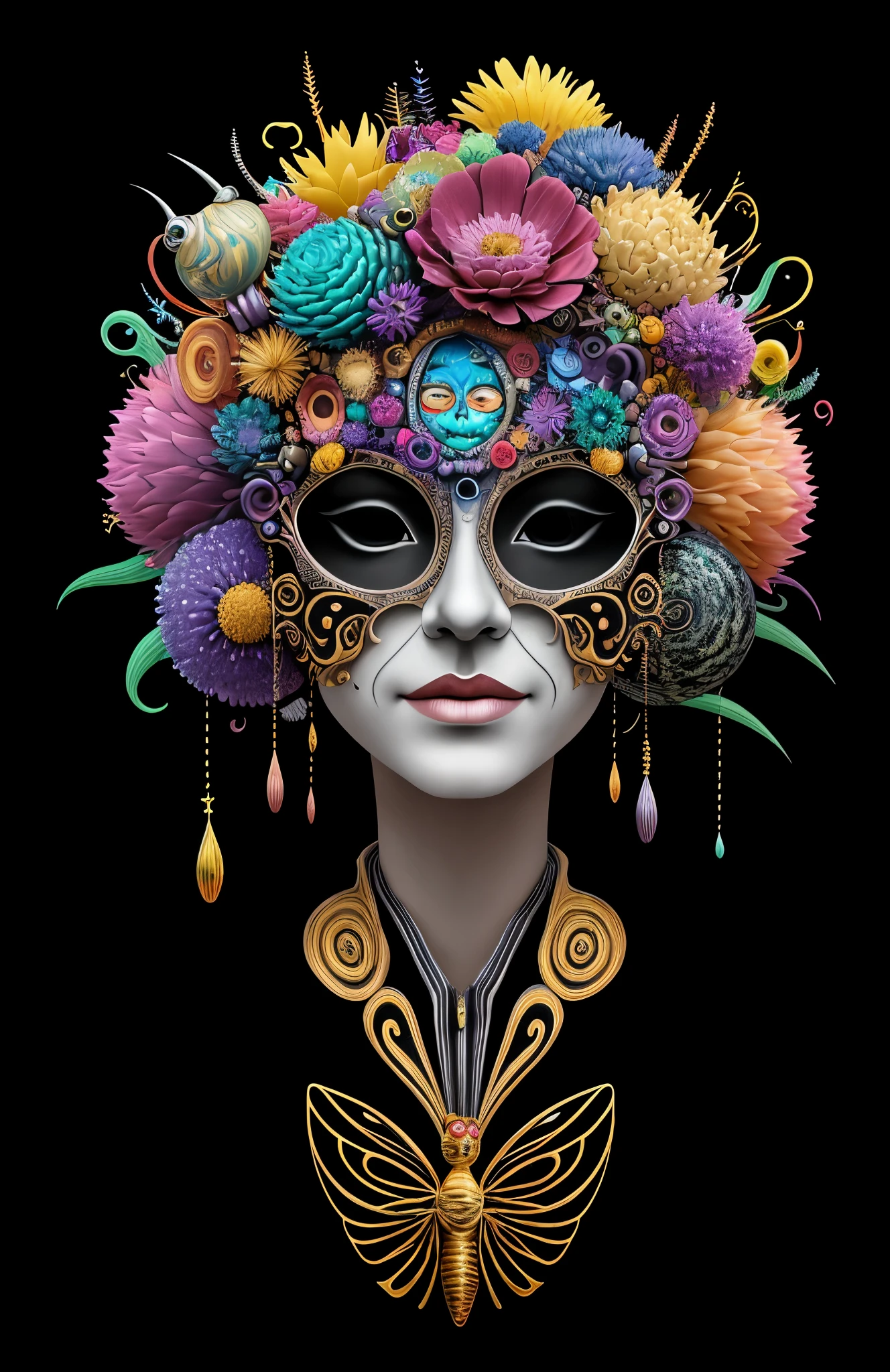 3D mask with various ordinary objects on it,blonde hair with pointed ends,texture, intricate, ornate, shadow, soft colors, 3D, mask, very detailed, decorative style, Tim Burton, Salvador Dali, Xiaolong Cheng, Cyril Rolando, inspired by J. D. Lariat, 3D stereoscopic，pop color style, Photo photo portrait surrounded by orbiting planetary satellites, blonde spiky hair, make me jealous, Mark Leyden, Alberto Seveso, brook shade, Anna Dietman, Flora Borcy, 8k resolution, perfect composition, Milky Way, rainbow colors, flying insects, scales, wing, blue, texture, complicated, Gorgeous, shadow, pastel colors,mask， 3d, Very detailed, Deco, tim burton, Dale Chihuly, Xiaolongcheng, Cyril Rolando, by J. Jitter，flowers，My head is empty，artwork，display stand，sculpture