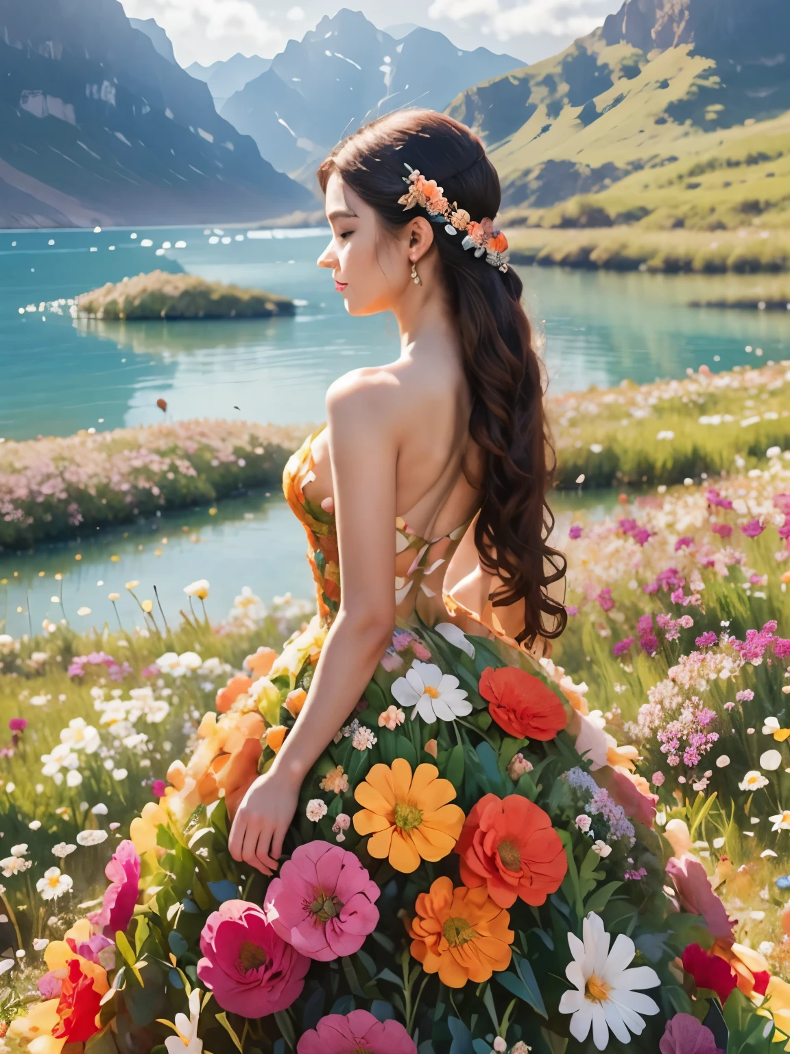 Realistic photo, Sea of flowers, colorful mozaik, colorful, beautiful woman wearing a floor-length dress made of flowers, flowers from the dress combine with flowers in the meadow, hands spread, beautyful godess, vivid colors, raw photo, 8k, 