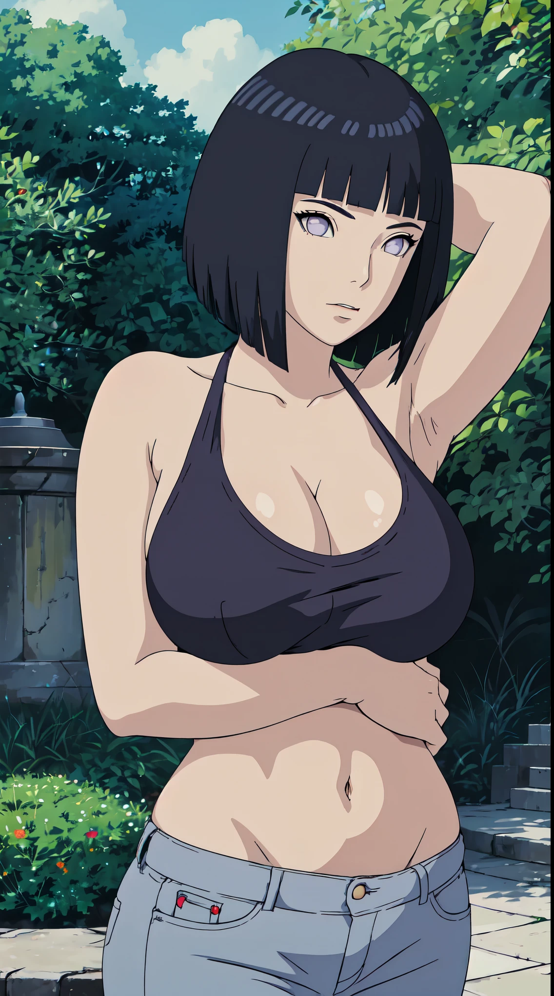 Masterpiece, stunning realistic, best quality, sharpness, 1 girl,closeup, onlyupperbody, (arms behind head:1.2) Black hair,purple eyes,ir,bobcut,red eyes,standing in a garden,sexy body,curvy body,big breasts,bikini,skinny jeans,studio Ghibli style Lora