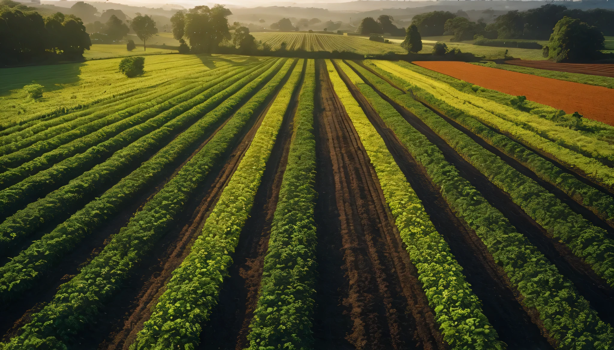 arafed field of crops with a tractor in the distance, rows of lush crops, immaculate rows of crops, idyllic and fruitful land, lush farm lands, wide view of a farm, farmland, few farm green highlights, farm land, by Julian Allen, by Julian Hatton, by Tom Scott RSA, patches of green fields, drone photography, green fields, vibrant setting