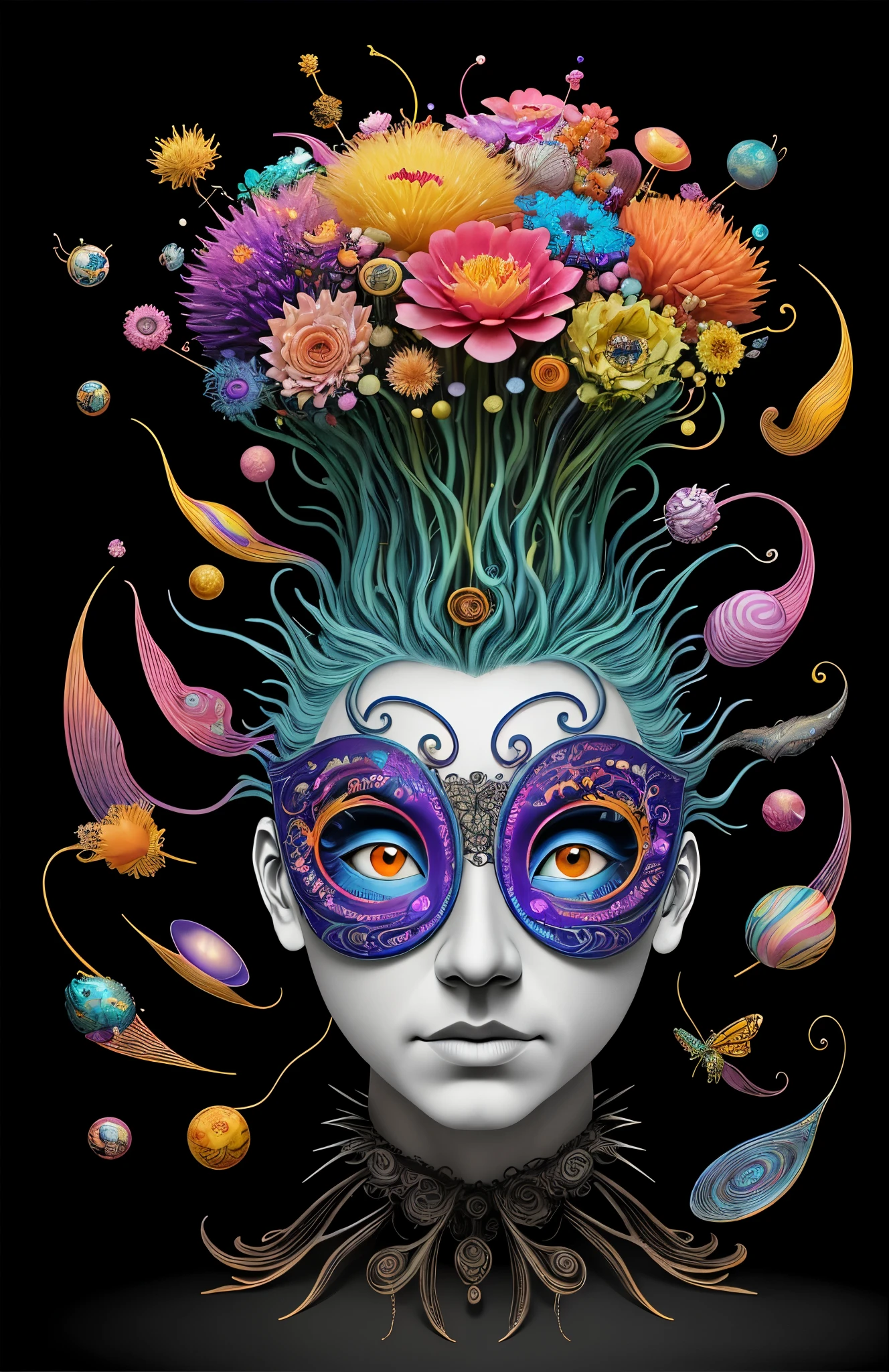 3D mask with various ordinary objects on it,blonde hair with pointed ends,texture, intricate, ornate, shadow, soft colors, 3D, mask, very detailed, decorative style, Tim Burton, Salvador Dali, Xiaolong Cheng, Cyril Rolando, inspired by J. D. Lariat, 3D stereoscopic，pop color style, Photo photo portrait surrounded by orbiting planetary satellites, blonde spiky hair, make me jealous, Mark Leyden, Alberto Seveso, brook shade, Anna Dietman, Flora Borcy, 8k resolution, perfect composition, Milky Way, rainbow colors, flying insects, scales, wing, blue, texture, complicated, Gorgeous, shadow, pastel colors,mask， 3d, Very detailed, Deco, tim burton, Dale Chihuly, Xiaolongcheng, Cyril Rolando, by J. Jitter，flowers，My head is empty，artwork，display stand，sculpture