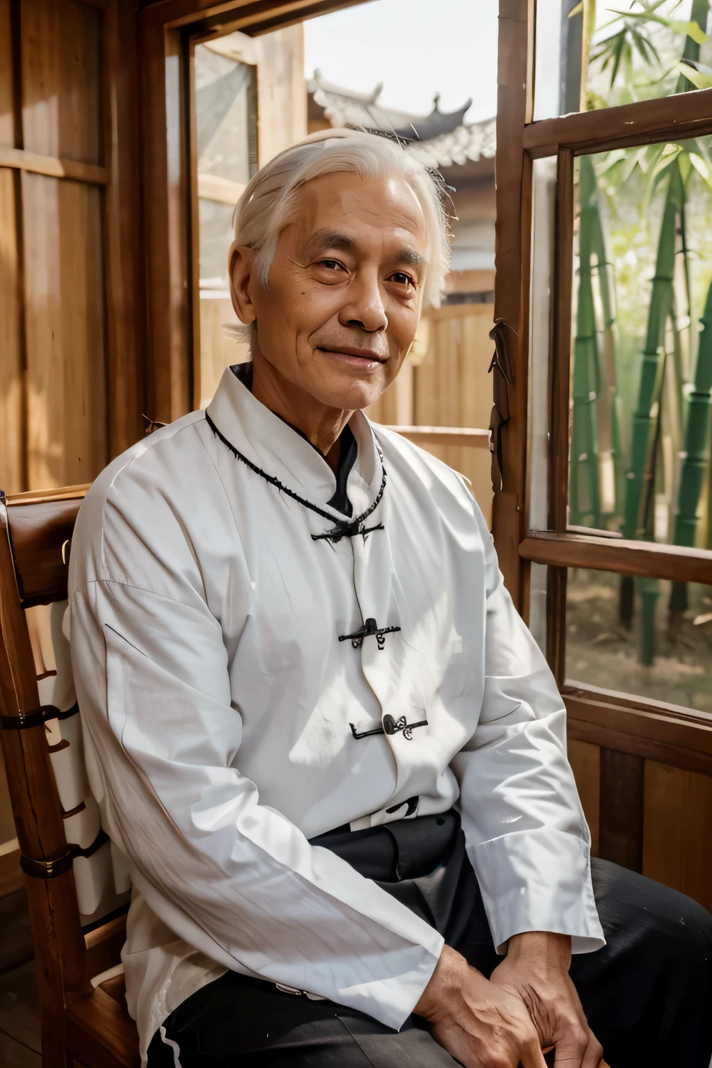 a man,elderly,wrinkle,black pupils,Grayish hair,square face,red chinese clothes,leaning on wooden chair,There is a window,Behind is bamboo,Smile