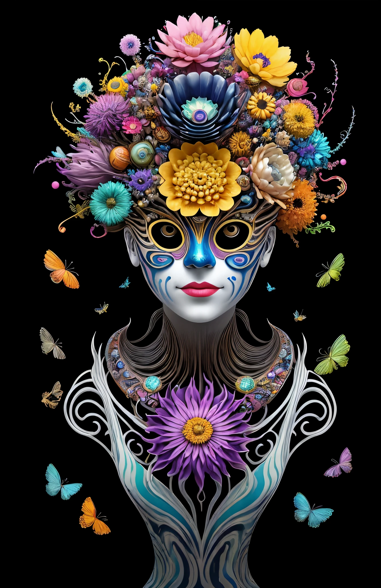 3D mask with various ordinary objects on it,blonde hair with pointed ends,texture, intricate, ornate, shadow, soft colors, 3D, mask, very detailed, decorative style, Tim Burton, Salvador Dali, Xiaolong Cheng, Cyril Rolando, inspired by J. D. Lariat, 3D stereoscopic，pop color style, Photo photo portrait surrounded by orbiting planetary satellites, blonde spiky hair, make me jealous, Mark Leyden, Alberto Seveso, brook shade, Anna Dietman, Flora Borcy, 8k resolution, perfect composition, Milky Way, rainbow colors, flying insects, scales, wing, blue, texture, complicated, Gorgeous, shadow, pastel colors,mask， 3d, Very detailed, Deco, tim burton, Dale Chihuly, Xiaolongcheng, Cyril Rolando, by J. Jitter，flowers，My head is empty，artwork，display stand，sculpture，crafts，artwork，