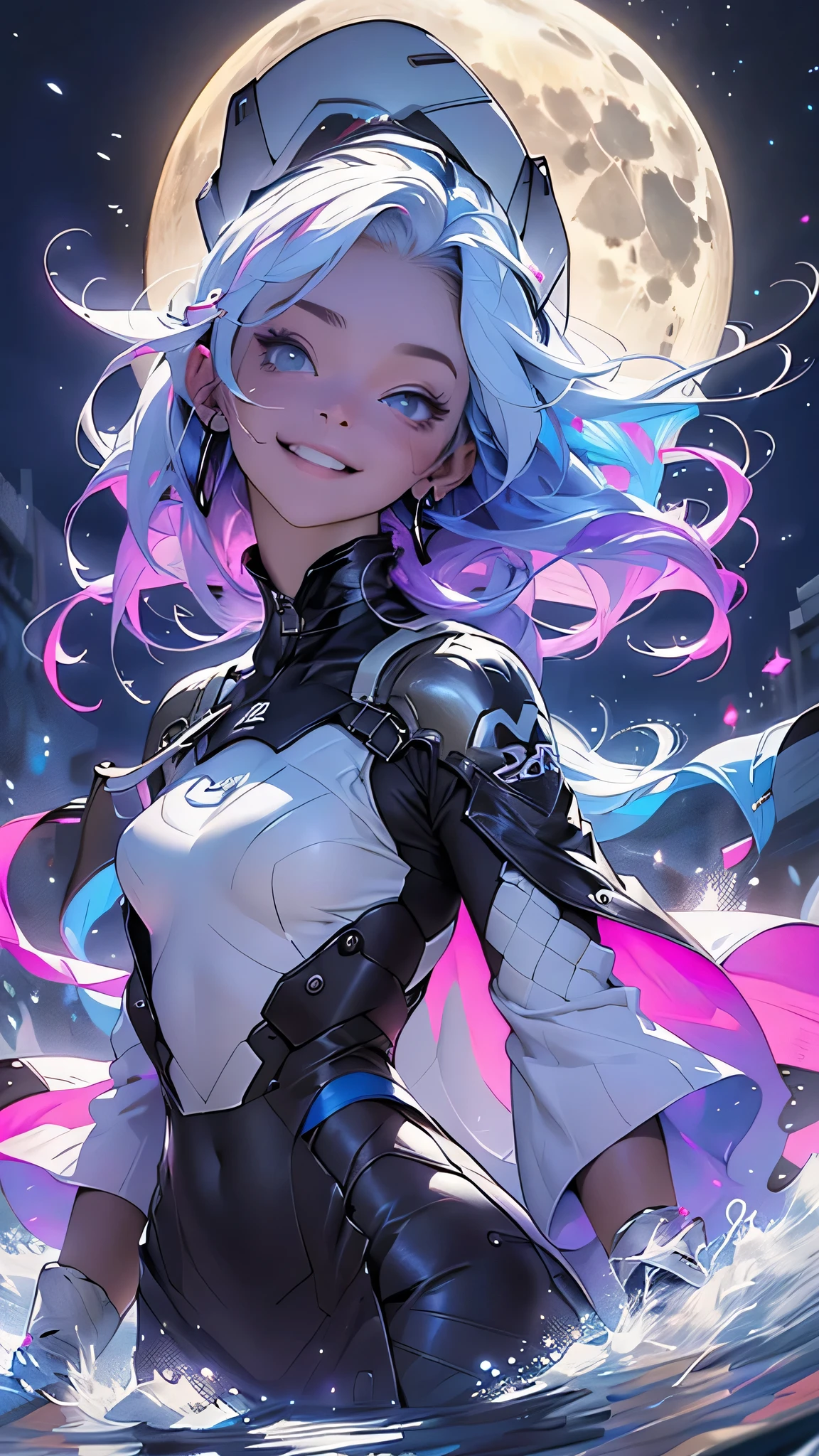 最high quality、best image quality、masterpiece、girl((20-year-old、 By becoming、vest bust、medium bust,wide open breast tea、shining eyes, light blue hair、long hair、thin,highest valley、ponytail、action of looking up、full body bandage、black dress、long skirt、smile、dance,)),high quality、beautiful art、background((Gorgeous castle、beautiful atmosphere、full moon))、Flight、debris flies、Depth of written boundary、movie、visual art、perfect art、8k,genuine、