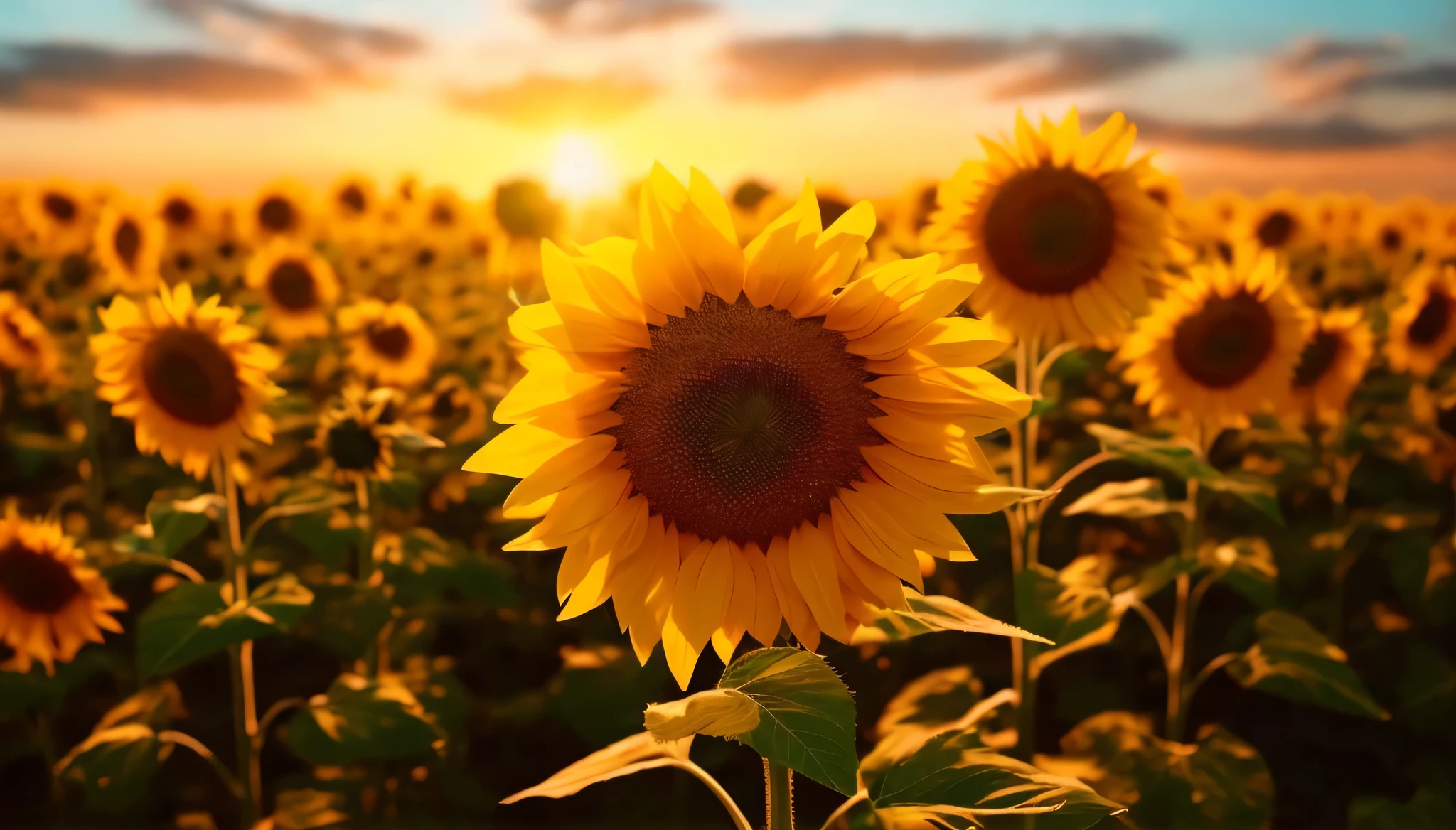 there is a field of sunflowers with the sun setting in the background, sunflower field, sunflowers, field of sunflowers, scene : sunflower field, scene: sunflower field, colors : yellow sunflowers, colors: yellow sunflowers, sunflower background, beautiful sunny day, sunflower, crystallic sunflowers, sunny atmosphere, golden sunlight, hd wallpaper, bathed in golden light, shining golden hour
