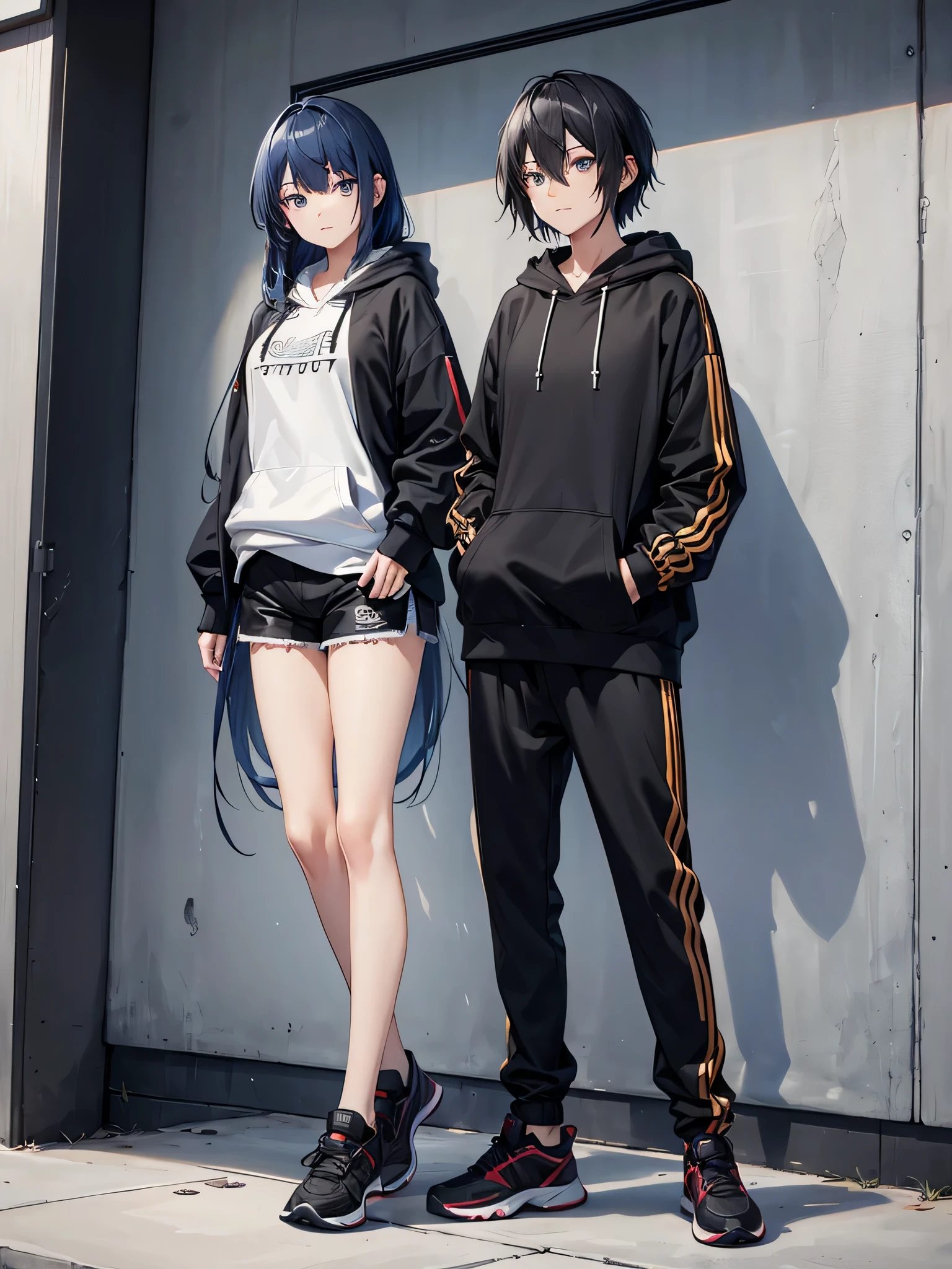 Handsome slim girl with long black and blue hair. sharp eyes. wearing a hoodie and shorts. posing for a picture
