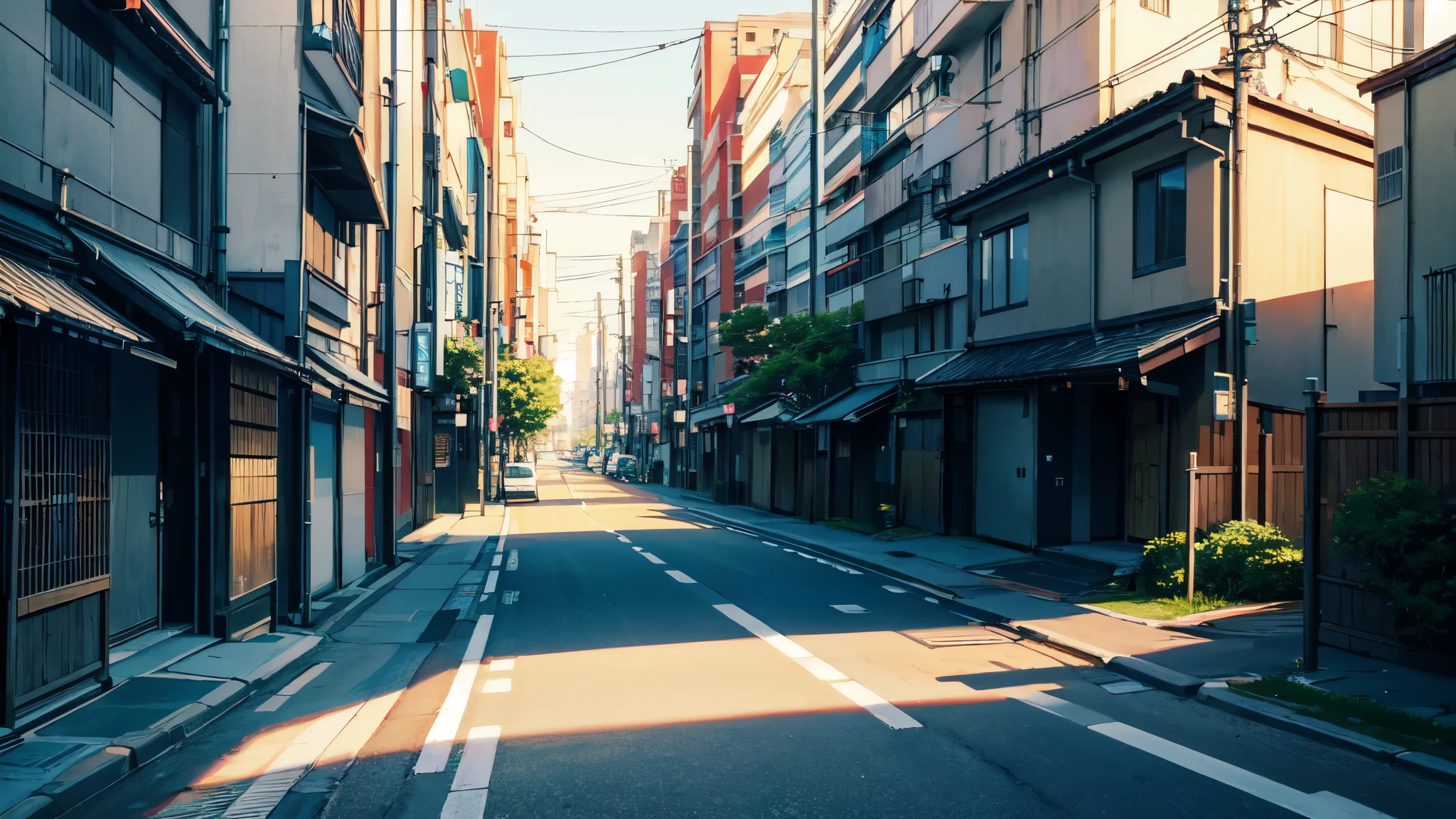 background, anime, soft shadows, street, sunlight, masterpiece, detailed contours, beautiful line art, city, pedestrian path along the sides of the street along the houses, without people, Japan, Tokyo, 21st century, modern houses