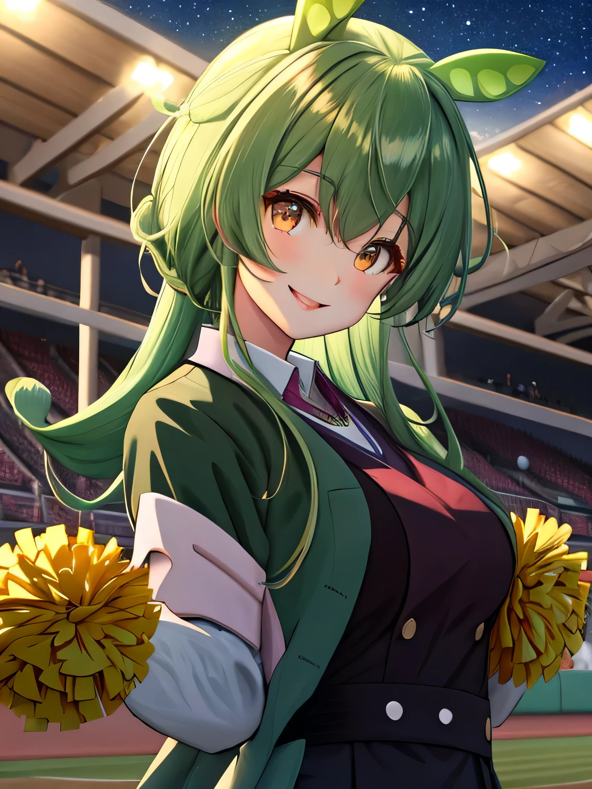 dark green hair、eyes are yellow、生意気なsmile、highest quality, very detailed, faint lips,University of California:realistic, Cinematic Lighting 1 Starry Sky Print, seductive seductive smile school_uniform, Upper body , 5 hands,- brown look_look_(Cheerleader):1.smile, Ground turf outdoor baseball field, ((jump on floating hair)) raise your head and hands