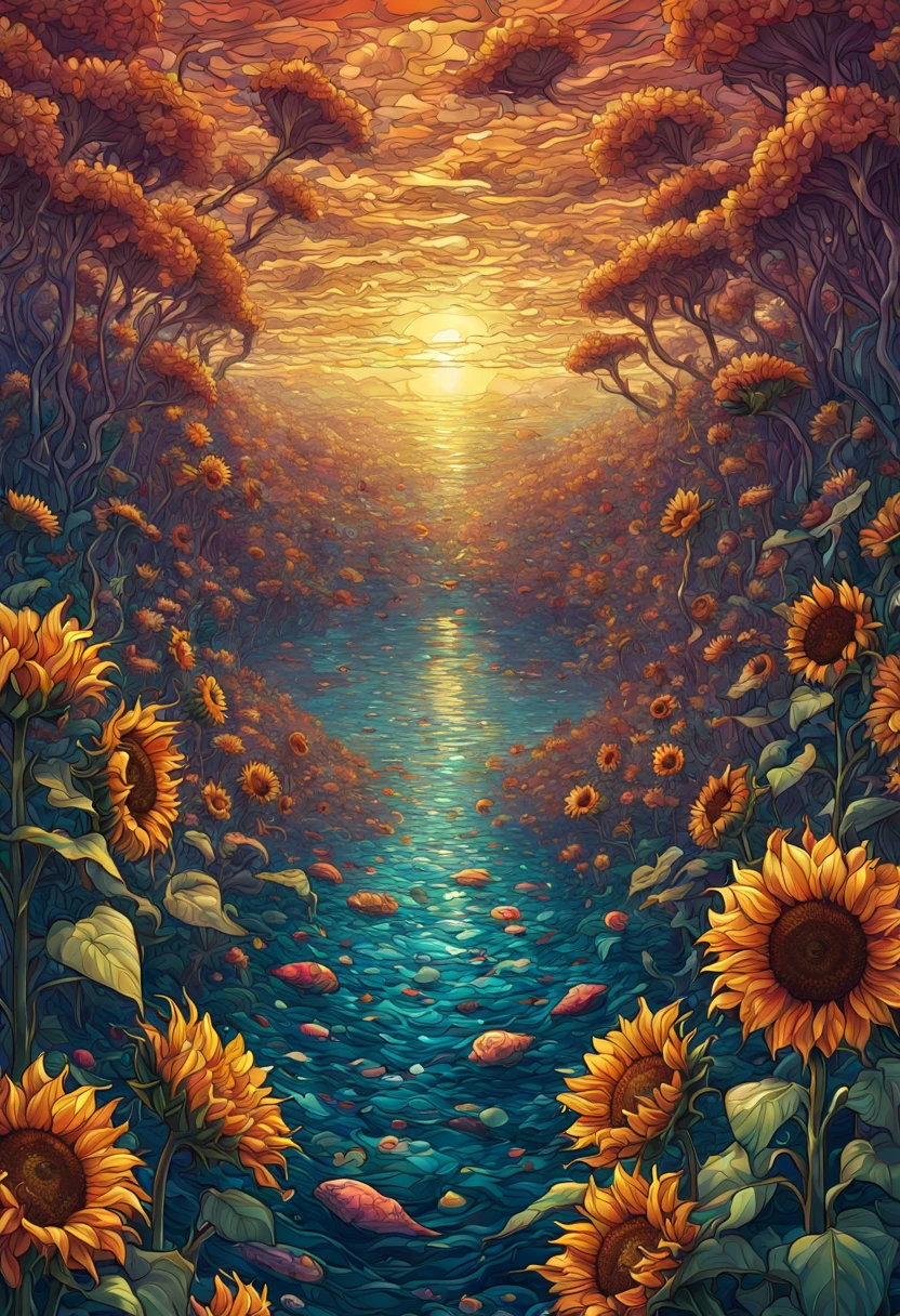 sea of flowers, aesthetic, Stained glass sunflowers, Dan Mumford, Cyril Rolando, MW Kaluta, Louis Comfort Tiffany, Dale Chihuly, hyper-detailed, hyperrealistic, digital landscape art, 8k resolution, beautiful colors, tarot card, awe, sunflowers made of stained glass, detailed, Hyperdetailed storybook illustration, concept art