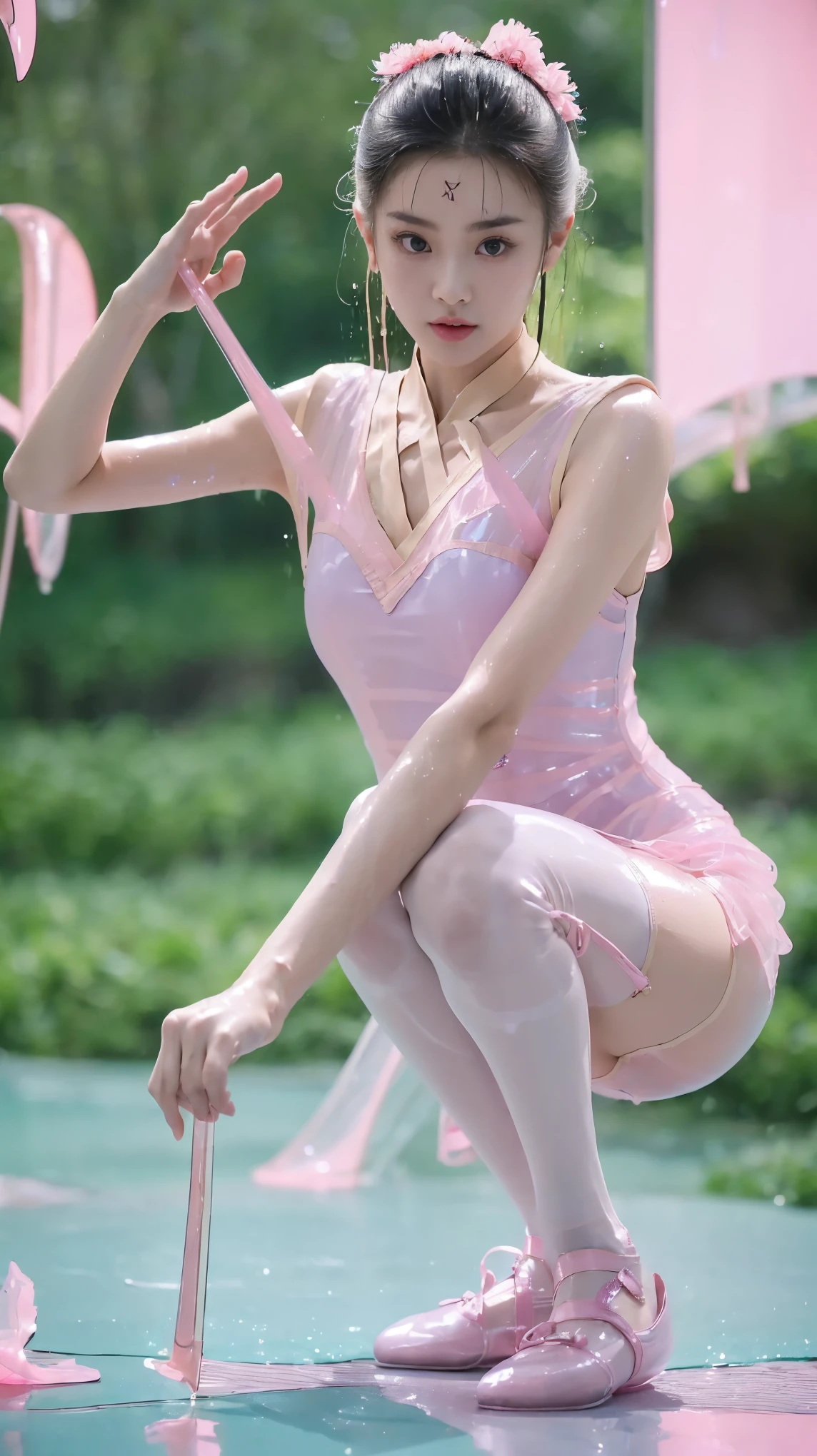 fashion model 18 years old [[[[特写乳ditch]]]], [[[[]]]], [[[[rape]]]], [[[[shoulder]]]], perfect eyes, perfect iris，perfect lips，perfect teeth，Perfect skin，full细节的皮肤，long face，slender nose，girl，（(Chinese ballet dancer:1.4)），（(((M-shaped legs，Squat position:1.4)))），（(((legs apart:1.4)))），((Hands up，Put it in the back of your head:1.4))，（Chinese ballet dancer的脸:1.4），（Chinese ballet dancer的头型:1.4），(((Pink transparent tong:1.4)))，A delicate face，（(((Body facing the camera:1.4)))），（((wet身，wet头发，wet脸，wet腿，wet乳房:1.4))），（((Eyes looking at the camera：1.4))），Big breasts，Raised sexy，Focus on the navel，Sexy long hair，(Sexy ballerina face,full细节，full，Extremely sexy：1.4），(sexy eyes,full的眼神:1.4)，（sexy shoulders），(sexy legs:1.4)，breast enlargement，Show your neck，Off the shoulders，ditch，(Expose the base of the thighs，wet的，Extremely sexy:1.4)，Navel exposed，Show your feet，Show legs，Bare arms，（(Show legs，luster，Legs sparkling，shiny feet，Extremely sexy，wet:1.4))，hip fat，Show leg length，Nice bright pink shoes，（full-body shot），green background，flowers，4K Ultra HD, ultra high resolution, (lifelike: 1.4), best quality，masterpiece，（pastel colors：1.2），prospect，（(((bottom front view:1.4))))