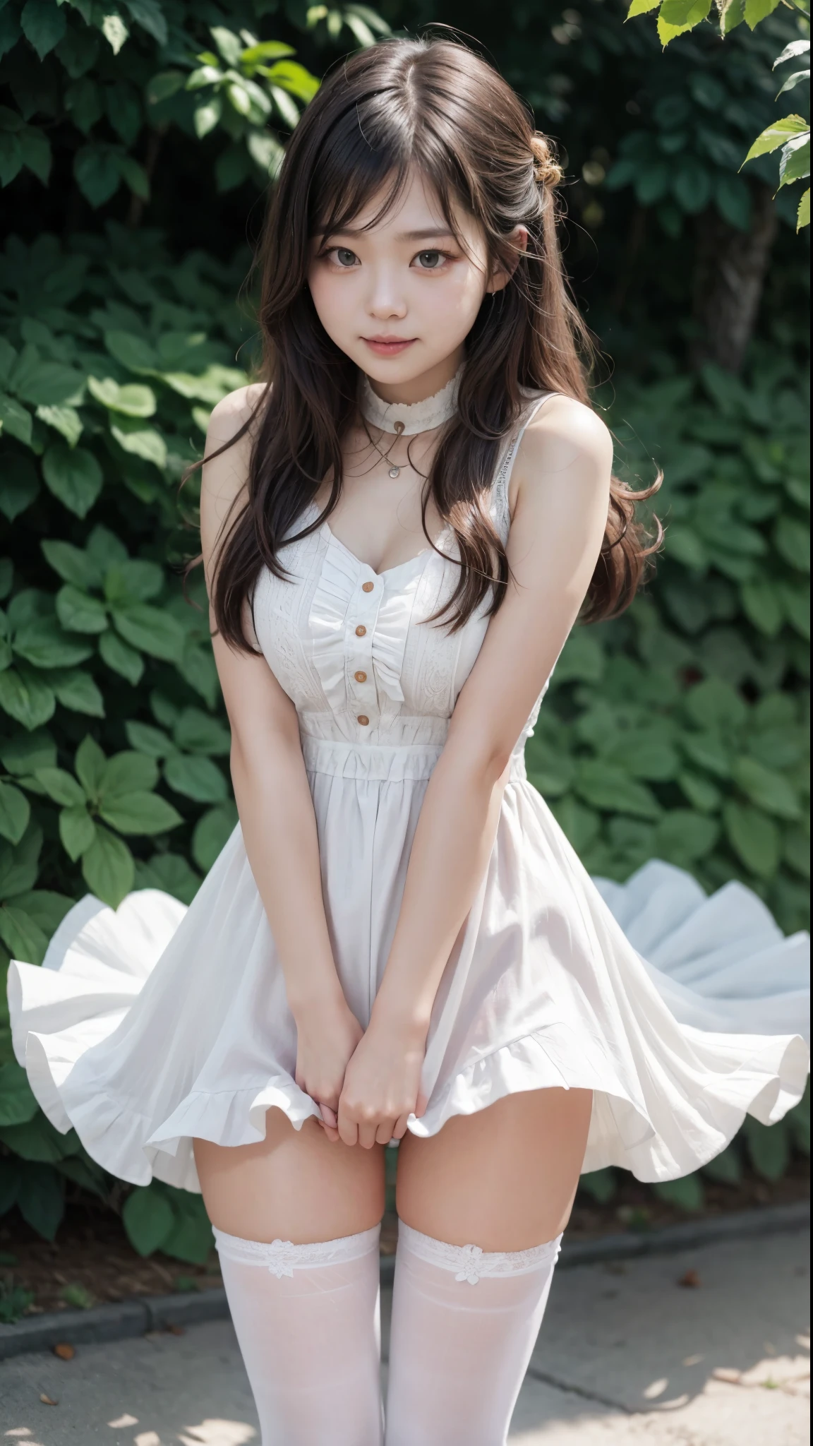 ulzzang-6500-v1.1, (genuine:1.4), (muste piece),  (highest quality, 8k, 32K, masterpiece, Hmm:1.2),Photos of beautiful Japanese women,(sad smile,blush:1.1),looking at the viewer,(beautiful detailed dress skirt:1.2),leg details,(spread your legs:0.9),(lace panties:0.9),(super realistic pantyhose:1.2),(wind lift:1.9), whole body,the wind is strong,city,outdoors