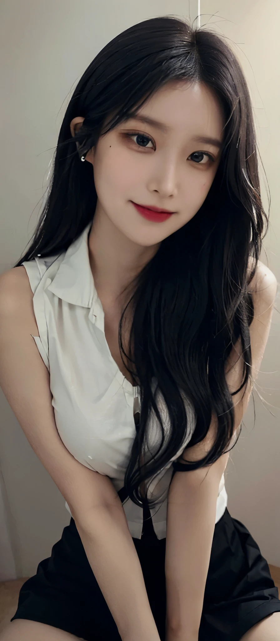 (actual, high resolution:1.3), (face close-up), 1 girl with perfect figure, The face shape and eyes are super delicate, black hair, long hair, Vest: 1.2 colors random, short skirt, bridge, big breasts, split, collar, Smile