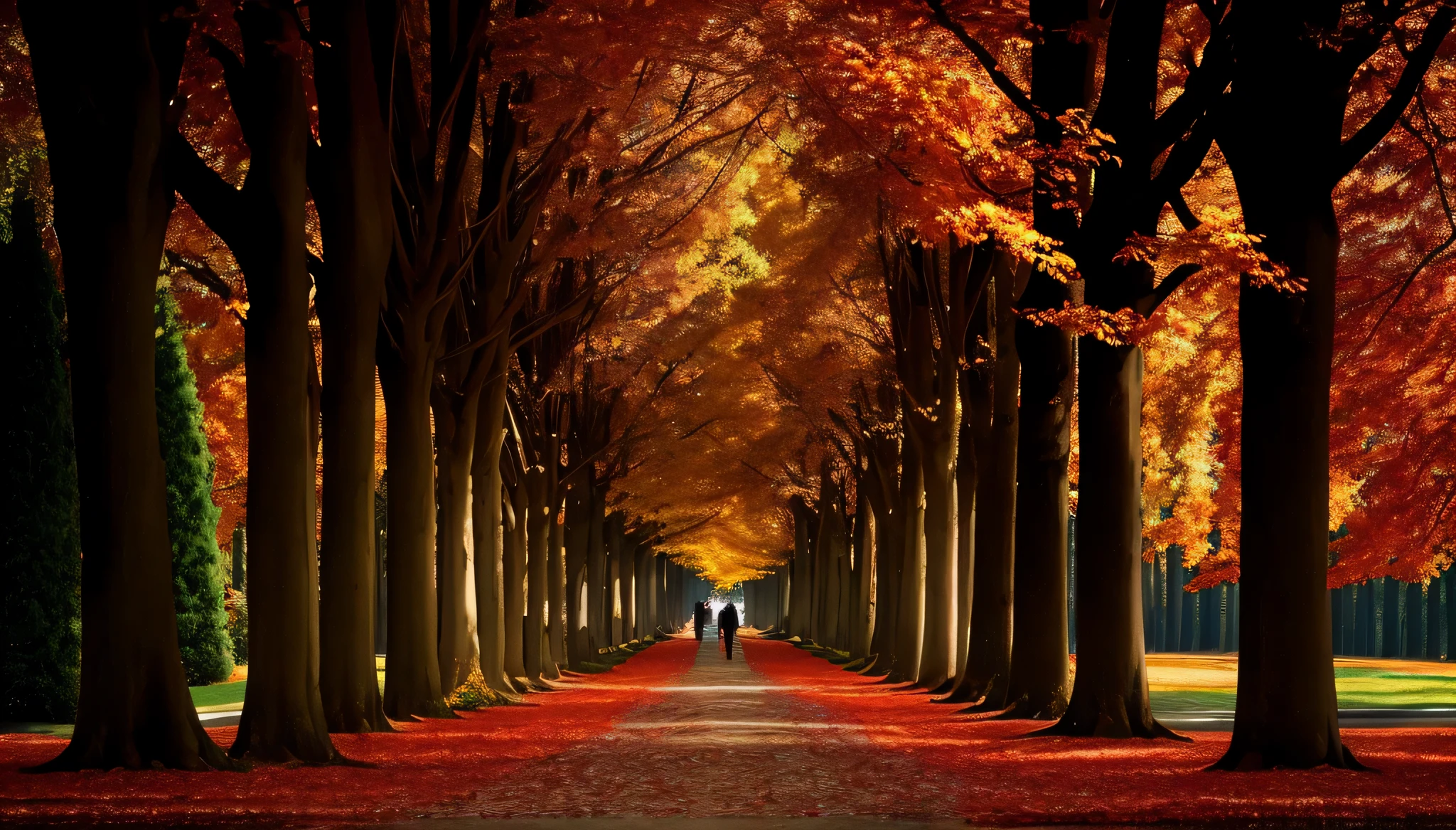 trees lining a path in a park with a person walking down the middle, breath - taking beautiful trees, breath-taking beautiful trees, amazing depth, breathtaking composition, beautiful trees, breathtaking colors, a flaming forest of trees, road between tall trees, a beautiful pathway in a forest, beautiful deep colors, leading to a beautiful, amazing composition, autumn forest, beautiful autumn spirit