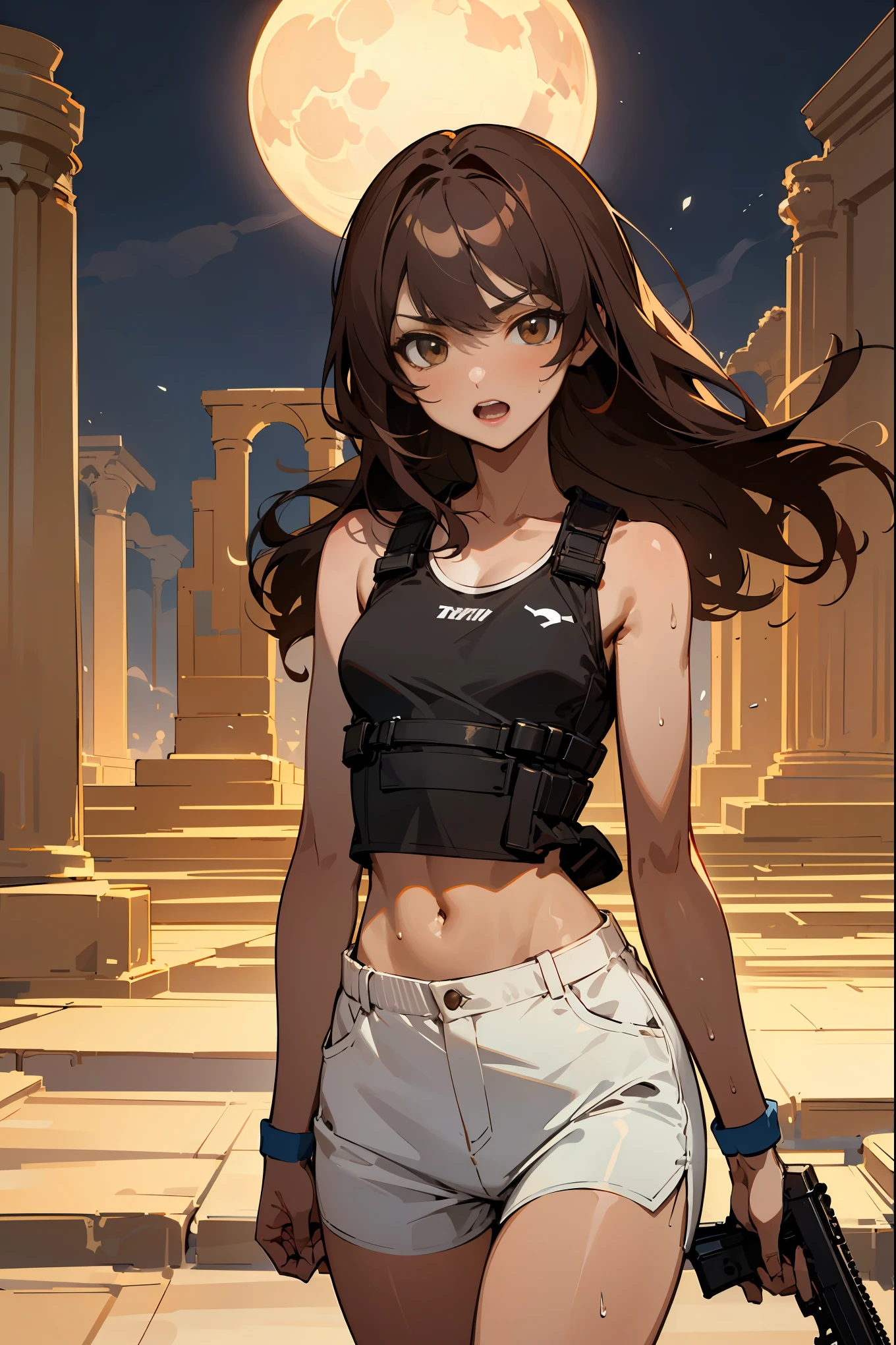 ((fine lineart)), (masterpiece,best Quality),extremely beautiful detai led anime face and eyes,cowboy shot,gal.safetensors,20-year-old、Beauty,female explorer、solo, brown hair,long hair,brown eyes,Small open mouth、slender body,very small head、medium breasts,brown skin,gleaming skin,oily skin,shiny skin,sweat,walk carefully、Battle preparation、tactical vest、hold an automatic rifle with both hands、white tight tank top、black micromini shorts,ancient ruins of central and south america、ancient stone architecture、moonlight、at night、