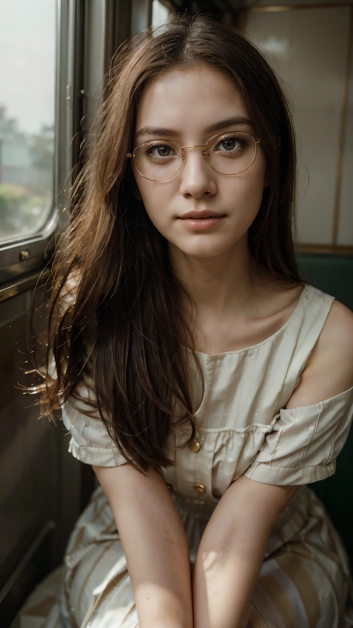 (best quality, Super detailed, golden ratio, masterpiece:1.2), theater lighting:0.7, photo of a woman, Wearing a very elegant and beautiful dress, perfect face, (highly refined skin), Randomly dyed hair, cover mouth with hand、laugh at, Texture, pale skin, skin shiny, (thin, large size:1.2), [:(keenly attentive face, perfect eyes:1.2):0.2], lifelike, film grain, step one foot forward、looking up from below、look at camera、Emphasis on shoulders, focus on face、、Glasses、Raise the corners of your mouth when you smile、disdainful expression, summer haze, pastel colors, Soft warm colors, Photo ish portrait of a woman dressed in a striped dress sitting by the window in the early morning, ish, (incline:1.3) (on an old train) looks very cautious, Standing in the spotlight gathering dust clouds, key light, backlight, soft natural light, 摄影 film grain ISO 400 30 mm 镜头 RAW f1.8 aperture, Very detailed (analog photography:1), Color Human Development Report