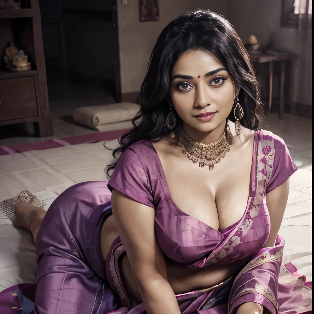 1girl, sexy, 45 years old Indian woman, (mature woman:1.3), looking at camera, smiling, lustful eyes, middle aged bhabhi, sitting on knees, sitting on bed,  (freckles:0.2), long straight hair, ((thick detailed lips)), bedroom, detailed background, indoor, hires, (photorealistic:1.4), wide shot, full body photo, beautiful fluffy saree, thick curvy aunty, highly detailed, hyper realistic, traditional colourful saree, wind blowing, big chest, dusky skin, most beautiful woman, beautiful body, beautiful eyes nose lips, superb lighting, shot from above, shot from some distance, wide angle view