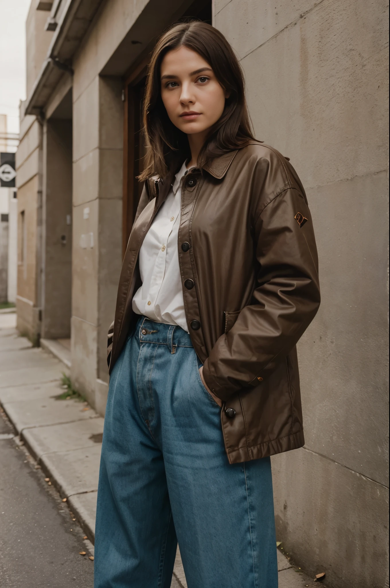 A portrait of a Burnette woman standing hand in pockets, wearing prada