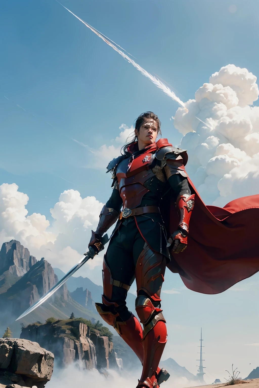 (RAW photo, best quality), (realistic, photo-realistic:1.3), best quality, highly detailed, masterpiece, ultra-detailed, illustration, 1 subject, full body, dynamic angle, universe of sci-fi and fantasy, muscle swordsman, red greatsword, cape flowing in the wind, visor shield, rocket gloves strapped tight, armored chest and limbs, black and red paint finish, intricately designed armor plates, detail in every seam and joint.
The muscular robot swordsman stands tall in this exquisitely detailed, full body illustration. His gleaming red greatsword poised and ready for battle,