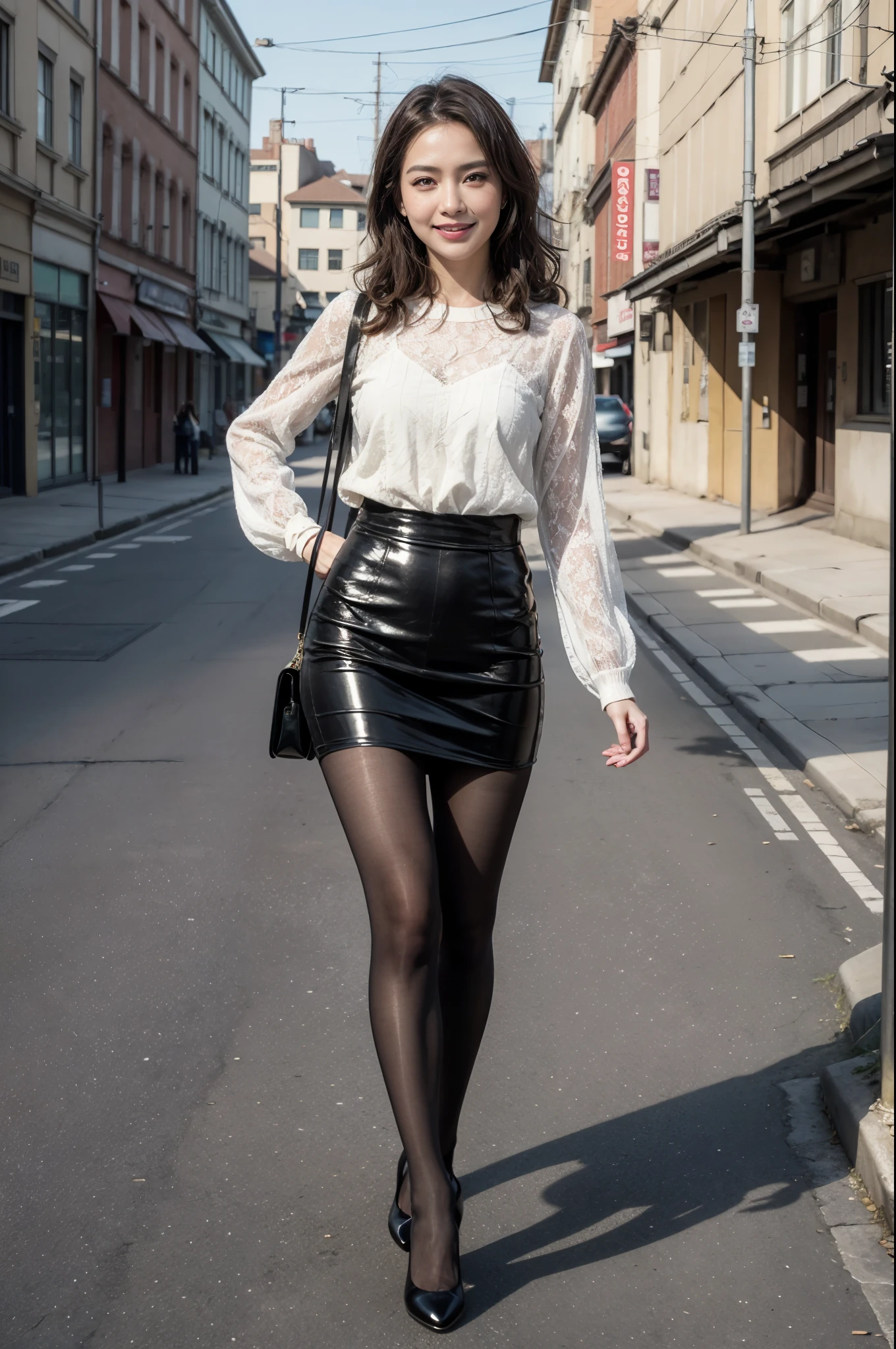 ulzzang-6500-v1.1, (highest quality: 1.3), (masterpiece: 1.3), (super detailed: 1.3), (genuine:1.4), (muste piece), Girl VN01, 1 girl, (smile:1.4) amazingly beautiful girl, upscale_couture, designer dresses, オートcoutureの着用, pose for a photo, fashion show, (super realistic pantyhose:1.3), long shaped face, anger, crazy, pitch black eyes, side swept hair, short hair, long ringlets, catwalk \(sidewalk\), , colorful, Bright colors, highest quality, absurd, highest quality, amazing details, 8k, beautiful,