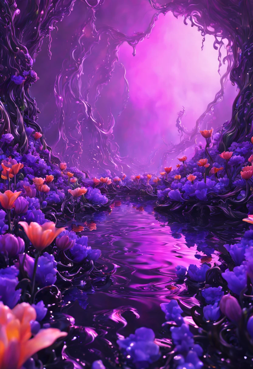 sea of flowers, aesthetic, twisted glass of alien flowers frilled tulips dripping black Purple violets, vines Lava oil slick. LED lights. Scifi, fantastical, hyperdetailed complementary colors, fractal mandelbulb, detailed matte painting, deep color, fantastical, intricate detail, splash screen, complementary colors, fantasy concept art, 8k resolution trending on Artstation Unreal Engine 5