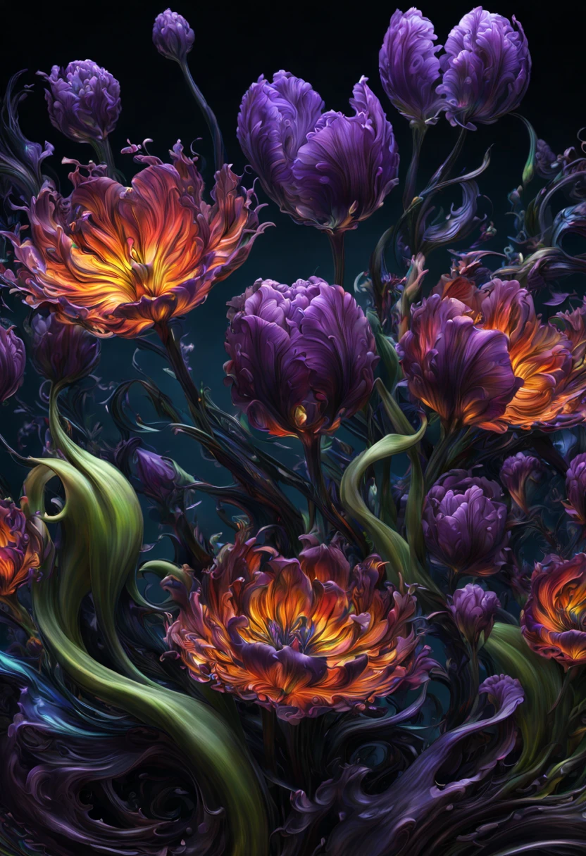 sea of flowers, aesthetic, twisted glass of alien flowers frilled tulips dripping black Purple violets, vines Lava oil slick. LED lights. Scifi, fantastical, hyperdetailed complementary colors, fractal mandelbulb, detailed matte painting, deep color, fantastical, intricate detail, splash screen, complementary colors, fantasy concept art, 8k resolution trending on Artstation Unreal Engine 5
