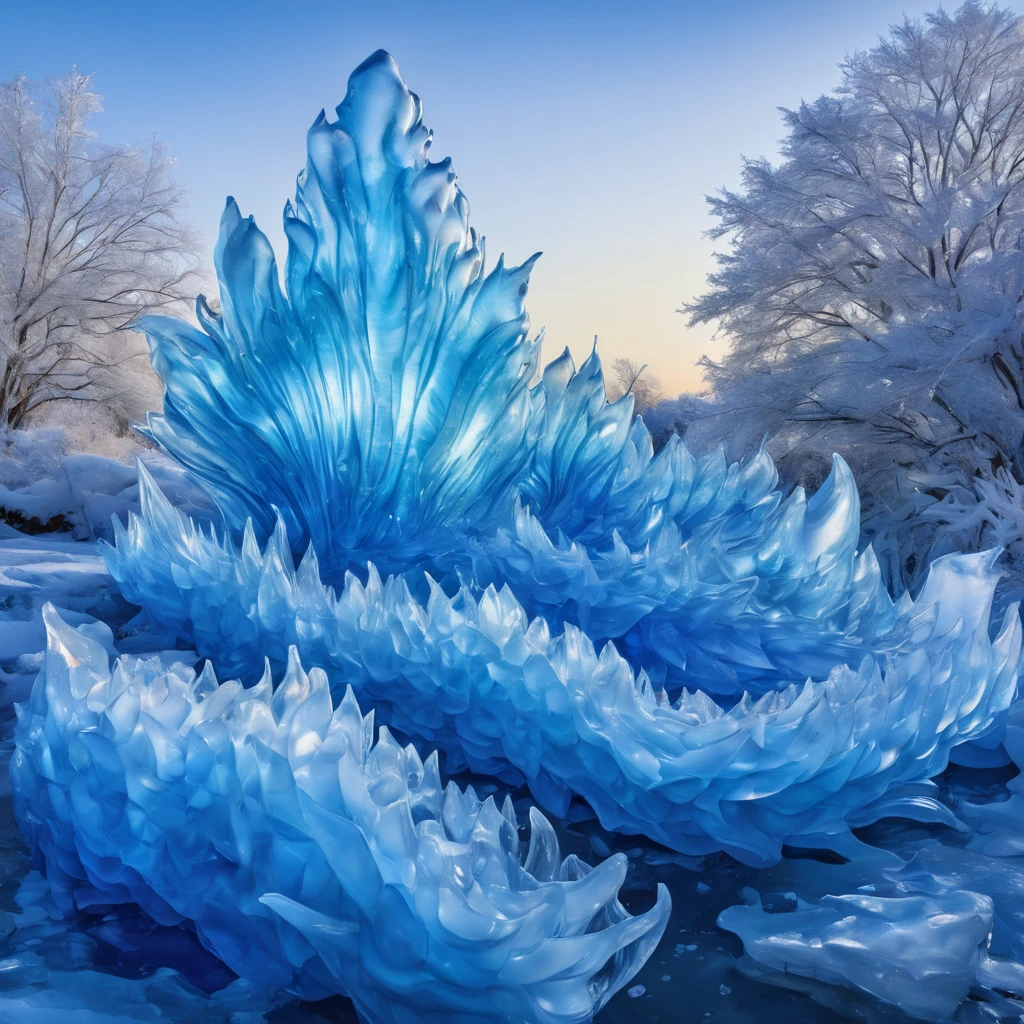 Arctic shoreline transforms into a garden of ice sculptures mirroring an assortment of flowers in Dale Chihuly's style, waves caught mid-freeze, spectrum of blue hues, hyperrealistic, surreal watercolor, trending on ArtStation, sharp focus, intricate details, highly detailed work reminiscent of Greg Rutkowski, studio photo ambiance. High Resolution, High Quality, Masterpiece