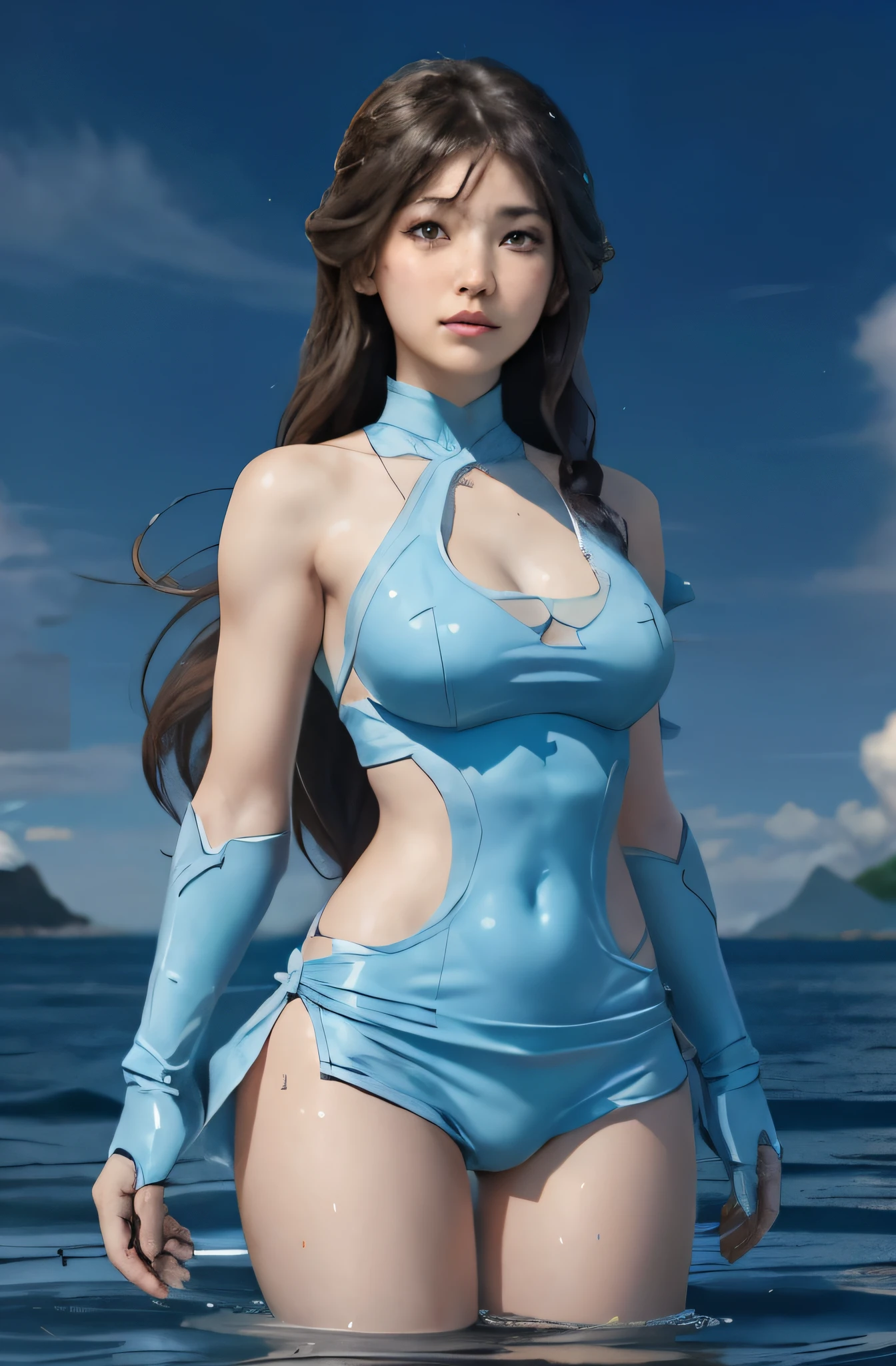 anime girl with long hair controlling water, korra from the legend of korra,legend of korra setting, asian female water elemental, fan art, epic digital art illustration, steven artgerm lau, avatar the last airbender, big breast, robbed shirt