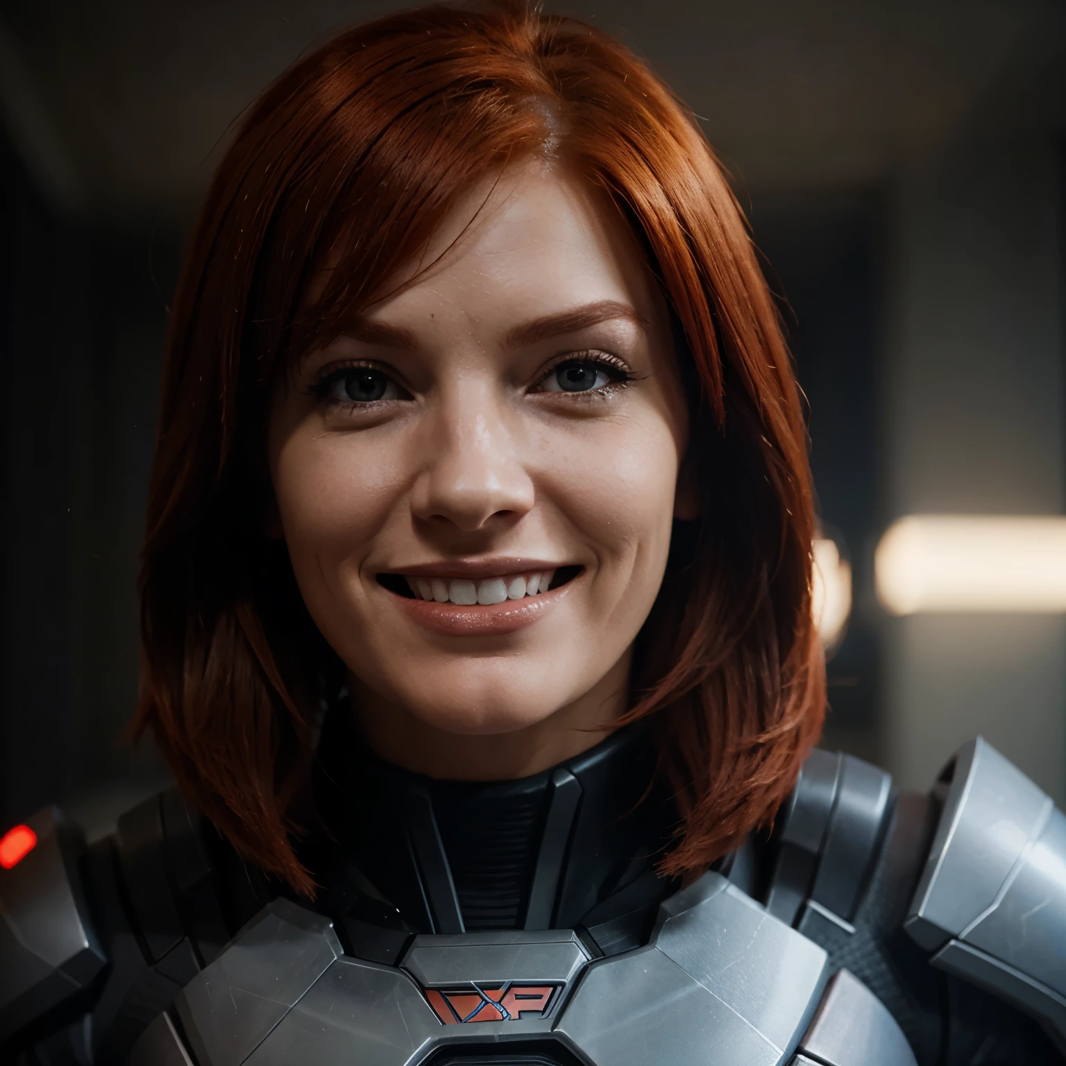 Red head femshep smiling, mass effect, up close portrait,