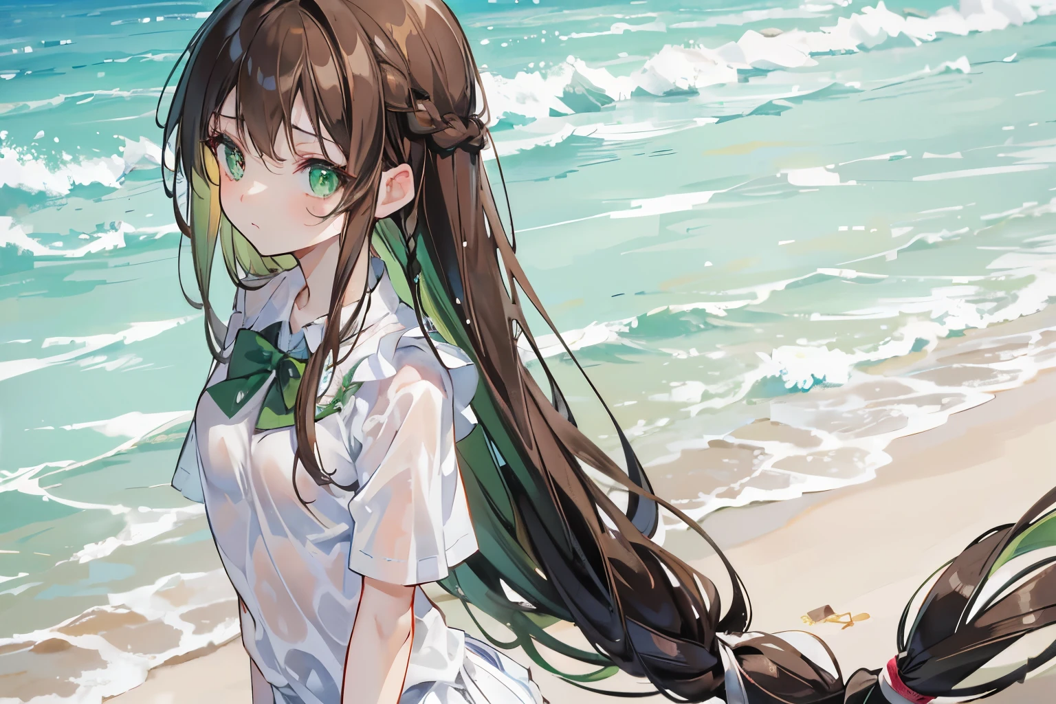 brown hair girl, shyุ 25 ปี,  fit, light green eyes, long hair,Green braid tied in bows left and right........small breasts, Wear a white shirt.....wet, Wear a black miniskirt..... From America...,(shy).....The background is a sandy beach... Picture R18