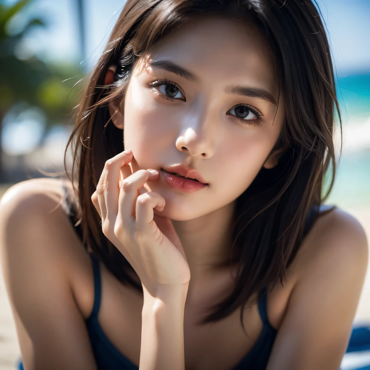 ((highest quality)), (become familiar with), perfect face, perfect body, beautiful girl, very big , Japanese, baby face, highly detailed eyes, highly detailed nose, highly detailed mouth, accurate anatomy, complete anatomy, beautiful feet, swimsuit, beautiful hands, beautiful arms, Palm tree, beach, perfect anatomy, highly detailed face, one person, uncut, chiaroscuro, one person称視点, ((masterpiece)), 16k, rough skin, Super detailed