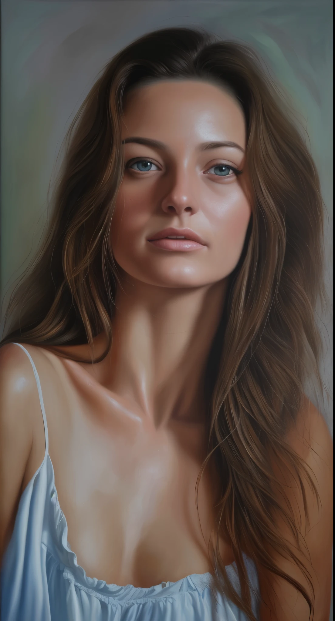 uma pintura de uma mulher com cabelos longos e um colar, ultra realistic oil painting, ultrarealistic oil painting, pintura ultra realista, realistic oil on linen, pintura ultra-realista, hyper - realistic oil painting, hyper-realistic oil painting, photorealistic oil painting, uma pintura fotorrealista, photorealistic oil on canvas, realistic oil painting, realistic woman oil painting