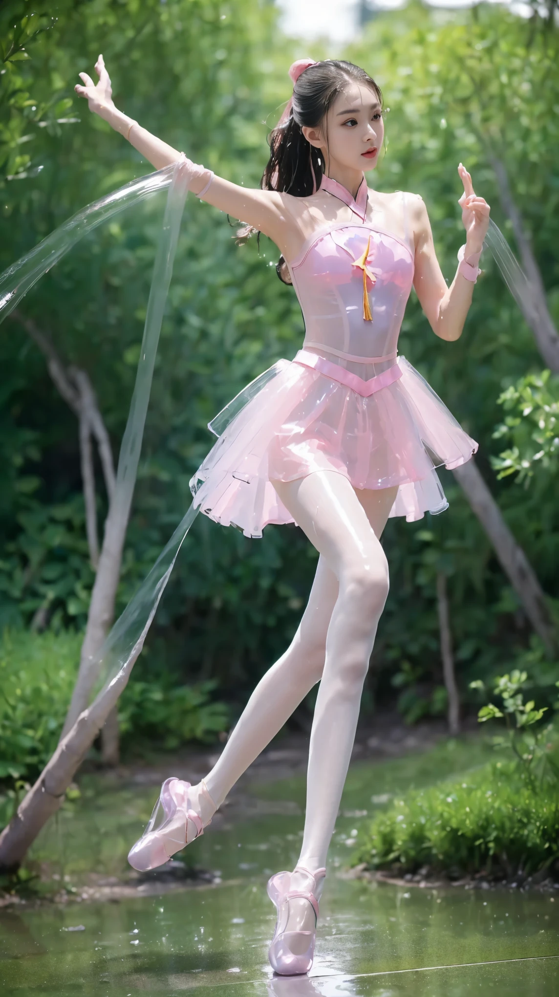 fashion model 18 years old [[[[特写乳ditch]]]], [[[[]]]], [[[[rape]]]], [[[[shoulder]]]], perfect eyes, perfect iris，perfect lips，perfect teeth，Perfect skin，full细节的皮肤，long face，slender nose，girl，（(Chinese ballet dancer:1.4)），（(((M-shaped legs:1.4)))），((Hands up，Put it in the back of your head:1.4))，（Chinese ballet dancer的脸:1.4），（Chinese ballet dancer的头型:1.4），(((Pink transparent tong:1.4)))，A delicate face，（(((Body facing the camera:1.4)))），（((wet身，wet头发，wet脸，wet腿，wet乳房:1.4))），（((Eyes looking at the camera：1.4))），Big breasts，Raised sexy，Focus on the navel，Sexy long hair，(Sexy ballerina face,full细节，full，Extremely sexy：1.4），(sexy eyes,full的眼神:1.4)，（sexy shoulders），(sexy legs:1.4)，breast enlargement，Show your neck，Off the shoulders，ditch，(Expose the base of the thighs，wet的，Extremely sexy:1.4)，Navel exposed，Show your feet，Show legs，Bare arms，（(Show legs，luster，Legs sparkling，shiny feet，Extremely sexy，wet:1.4))，hip fat，Show leg length，Nice bright pink shoes，（full-body shot），green background，flowers，4K Ultra HD, ultra high resolution, (lifelike: 1.4), best quality，masterpiece，（pastel colors：1.2），prospect，（(((bottom front view:1.4))))