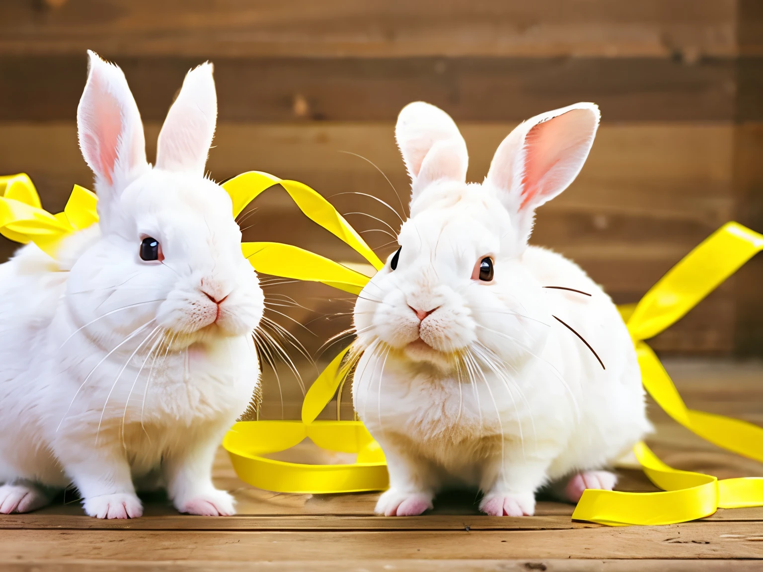 Cute rabbits with yellow ribbons in their ears, animated,