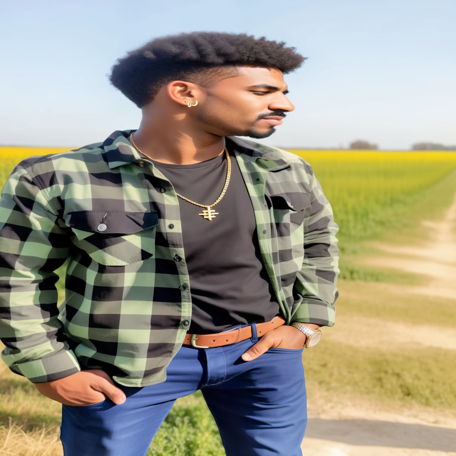 arafed man standing in a field with a green and black shirt, wearing a flannel shirt, flannel, wearing a chain, profile pic, profile image, profile picture 1024px, wearing plaid shirt, portait photo profile picture, riyahd cassiem, wearing a plaid shirt, profile photo, wearing a gold chain, wearing gold chain