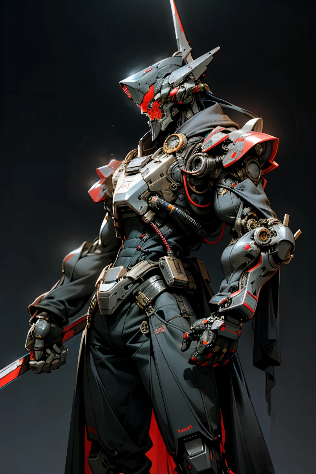 "In the midst of a sprawling, hyper-realistic science fiction cityscape, a robust robot commander general comes to life. Clad in red and black paint, every muscle fibre of his tight armour gleams under the cinematic lighting. A cap adorns his head, its gleaming red insignia standing out distinctly against the dark backdrop. In one hand, he wields a meshed sword, its edges reflecting the neon lights of the futuristic metropolis. The commander's gears, intricately detailed, whir and click, adding to the awe-inspiring aura of his mechanical presence."